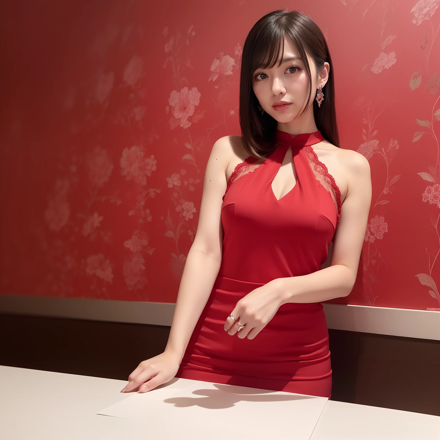 Woman in red Dress、The background is gorgeous red wallpaper studio、[photos realistic]!!,Candid flash photography、magnifica、Masa Nakayama、flash photo、Sui Ishida、Do not copy hands、adult lady、high-class sense、There are a lot of decorations