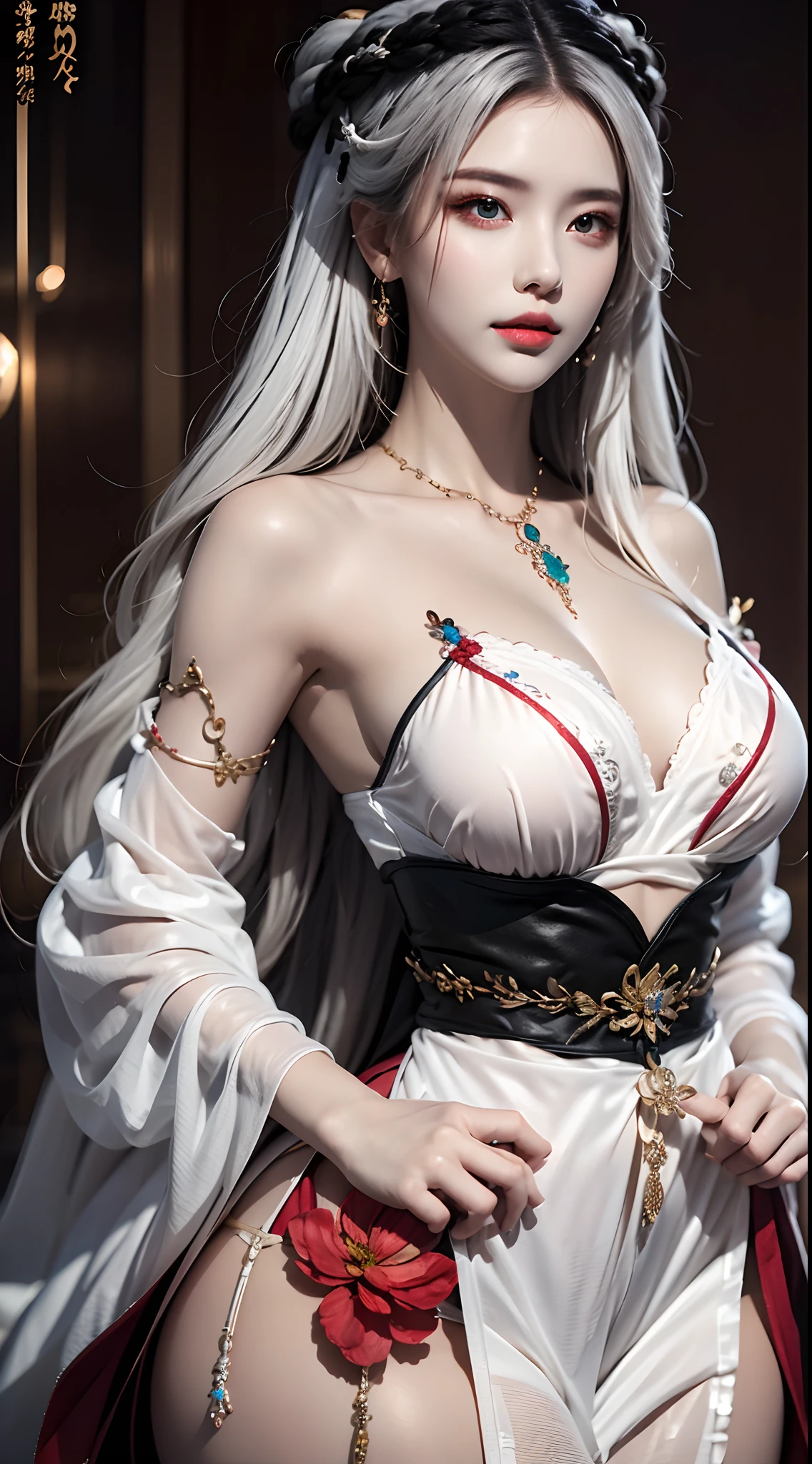 Photorealistic, high resolution, 1 woman, Hips up, Beautiful eyes, Long hair, ringed eyes, jewelry, white hair, hanfu