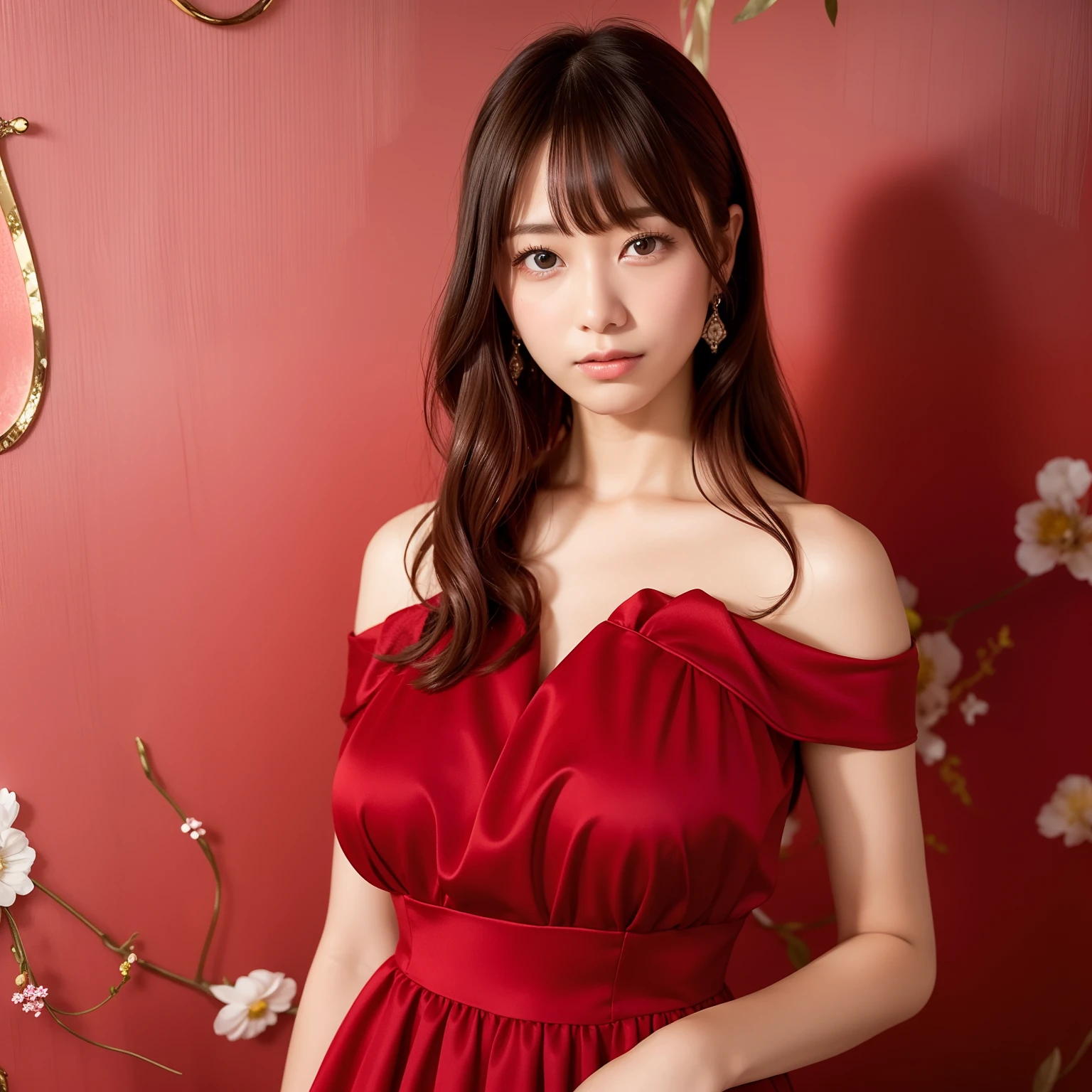 Woman in red Dress、The background is gorgeous red wallpaper studio、[photos realistic]!!,Candid flash photography、magnifica、Masa Nakayama、flash photo、Sui Ishida、Do not copy hands、adult lady、high-class sense、There are a lot of decorations