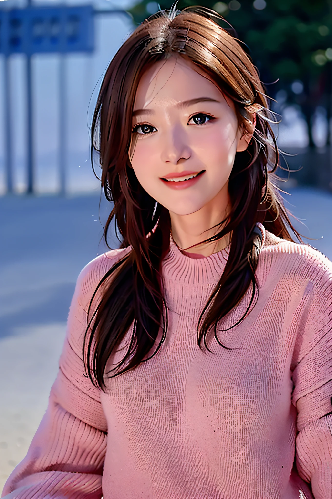 a girl, cosy sweater on, upper body, (huge Laughing:1.1), (open mouth:1.1), (wide open eyes:1.2), sun glare, bokeh, depth of field, blurry background, light particles, strong wind, (heart particles:1.1)