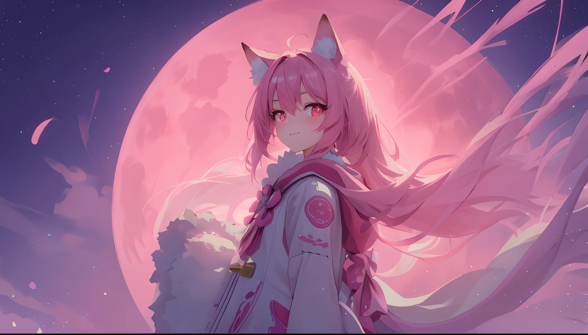 Pink fox anthropomorphism，Facing the lens，night sky background，Huge bright moon，Gorgeous costumes，long eyelasher，Pupillary details，Symmetrical pupils，Pupil highlight，detail-rich，Full map sharpening，Shooting stars cross the night sky，16k