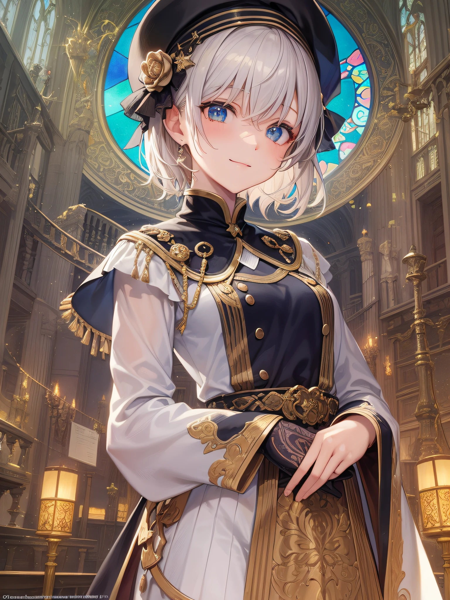 ((best-quality)), ((masterpiece)), (detaild:1.4),32k images,Best Anime,Sharpness,The best wallpapers,Manipulation of light:0.9,Fantastical,(wise man),smile,Fantasy World Library 1.1, (Perfect ??????? without destruction),(Beautiful eyes with detailed and detailed details,Lustrous eyes),(Beautiful robes with detailed details:1.1),(Glossy short hair:1.4),beret,Sparkling light:0.7,Having ancient documents,stained glass,0.8,lamp:0.7