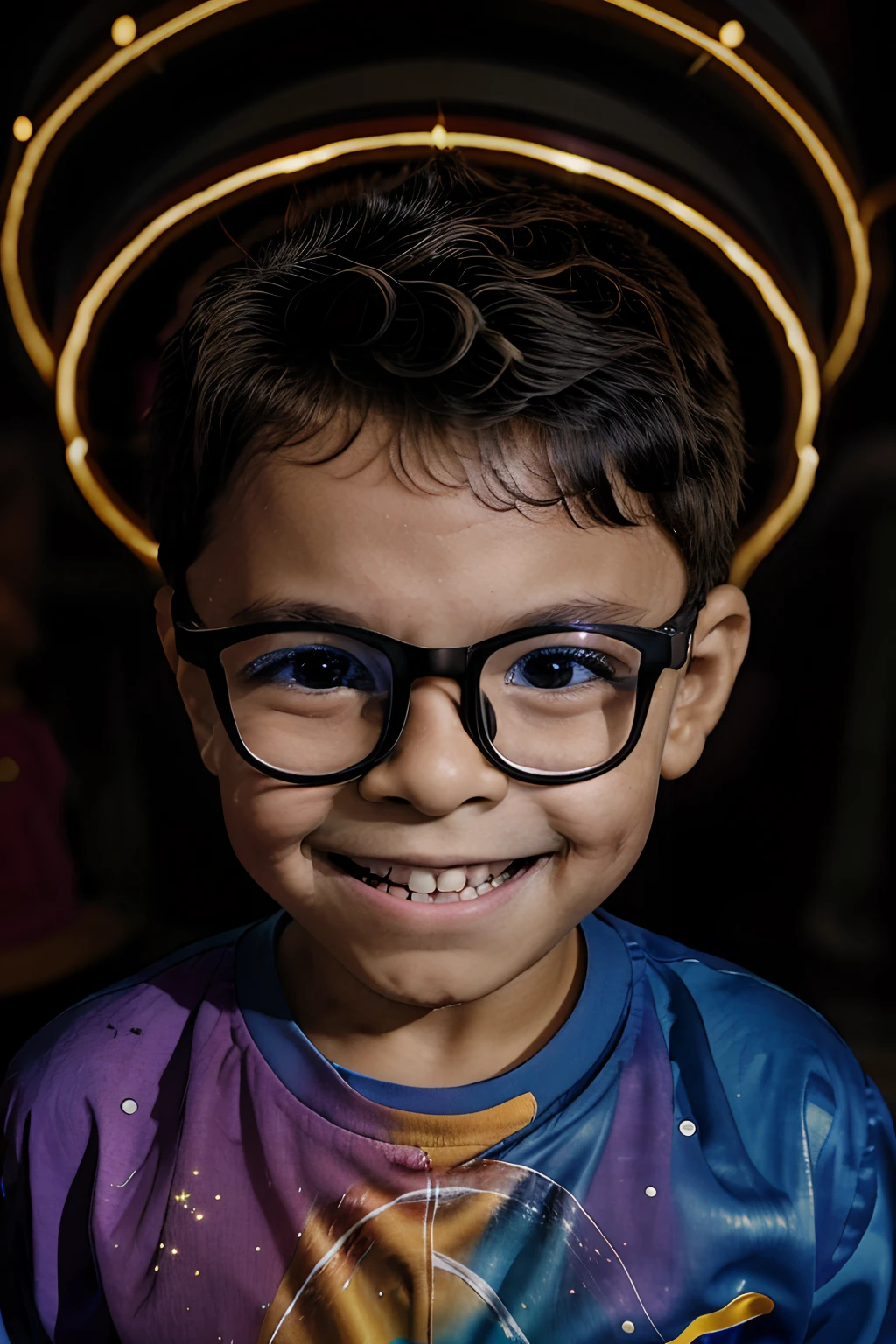 Capture a cheerful 3--old wearing glasses, Facing the camera, adornado em traje de bruxo, and showing off his magical abilities. The boy's face is lit up with an exciting smile as he manipulates the magic with confidence. Multicolored magical lightning and sparks emanate from his tiny hands, creating a stunning display of colors and lights.The lights and magical effects reflect on the boy's innocent face, increasing the sense of wonder and enchantment. His eyes sparkle with excitement and curiosity as he revels in the magic he's conjuring.Behind him, A universe begins to take shape, with mystical portals, Planetas, e estrelas. This magical universe adds depth and cosmic wonder to the scene, further emphasizing the boy's magical abilities;.The scene is well lit to highlight the boy's expressions and magical effects. The background should have a significant blur to put the focus directly on the boy and his magical performance. A imagem deve ser hiper-detalhada e hiper-realista, capturing every nuance of the boy's expression and the magic he is creating.Render the image in an impressive 8K resolution to ensure that every detail, From the boy's costume to the cosmic universe, is brought to life with exceptional clarity.This scene perfectly blends the innocence and wonder of childhood with the magic of a fantastic world, Creating a visually immersive and exciting experience.