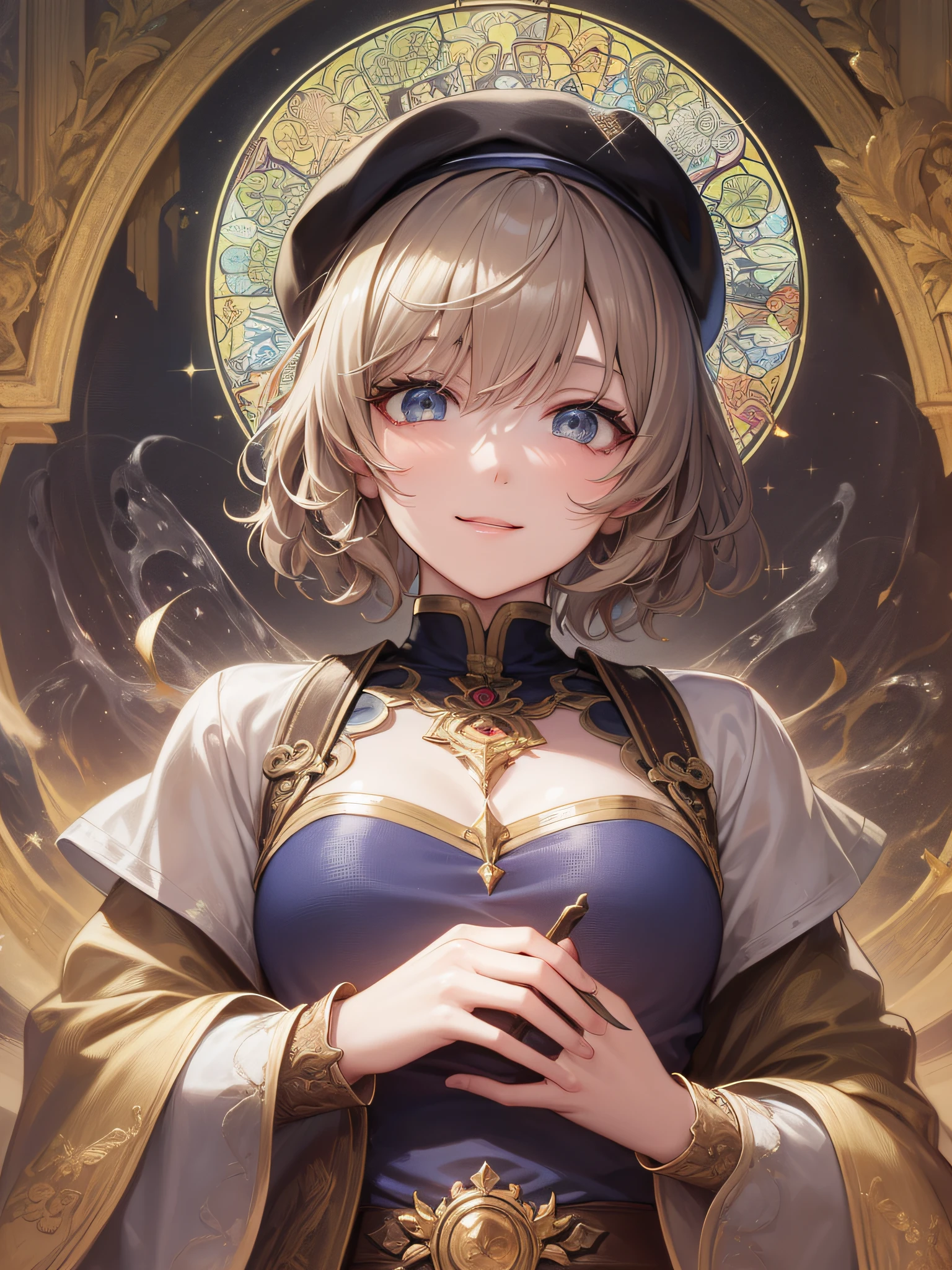 ((best-quality)), ((masterpiece)), (detaild:1.4),32k images,Best Anime,Sharpness,The best wallpapers,Manipulation of light:0.9,Fantastical,(wise man),smile,Fantasy World Library 1.1, (Perfect anatomy without destruction),(Beautiful eyes with detailed and detailed details,Lustrous eyes),(Beautiful robes with detailed details:1.1),(Glossy short hair:1.4),beret,Sparkling light:0.7,Having ancient documents,stained glass,0.8,lamp:0.7
