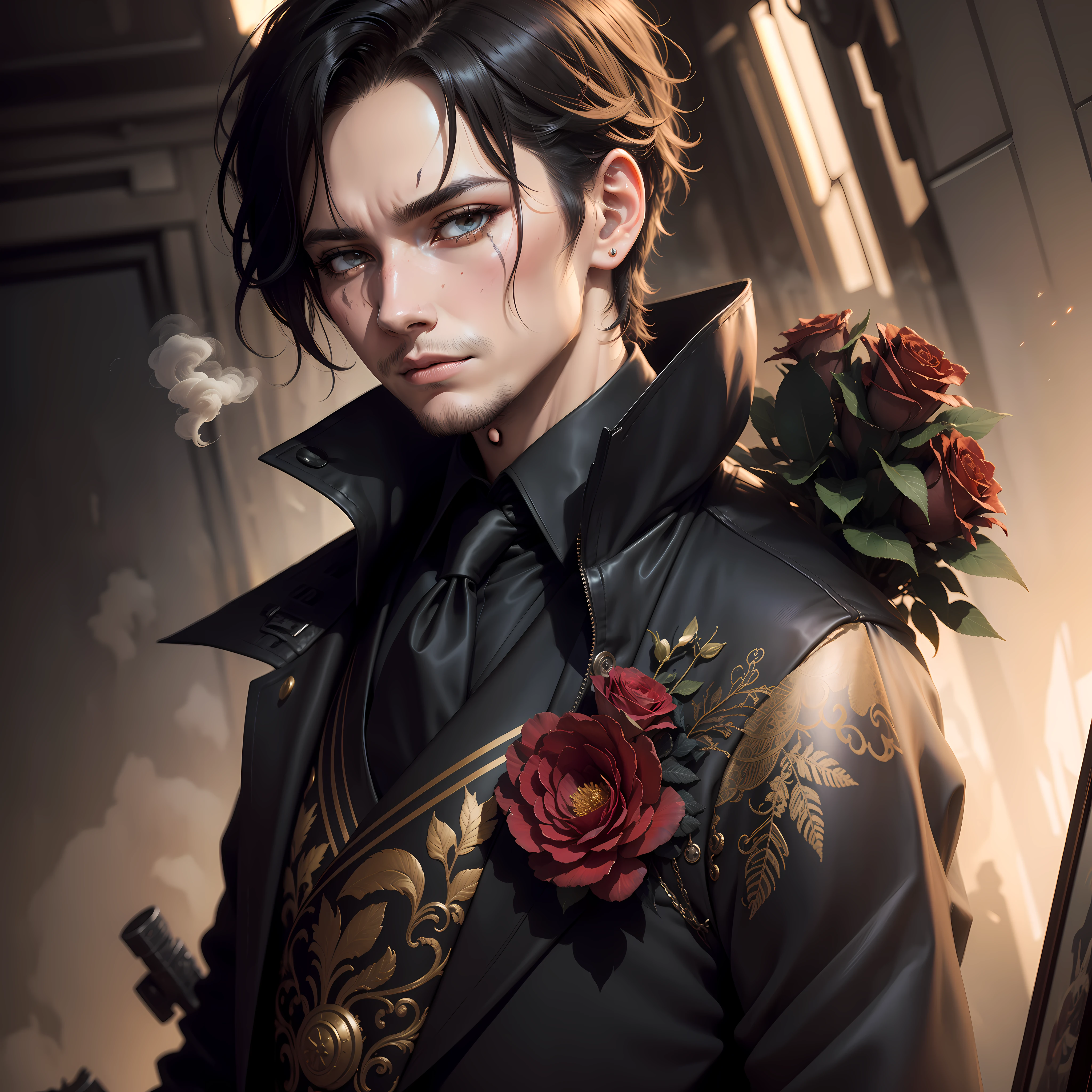artistic flow, american realism, blending, smooth, expressionless, detailed expressions, "Hope is a drug, the most dangerous of all", background, abstract, earth tone, layering, oil painting, monotone, foggy, cloudy, ink, niji, 1boy, solo, portrait photo, short messy hair, detailed face, military coat, high detail, crazy details, intricate black suit with flowers and bones, rose background, gold features, red tie, short messy hair, detailed colored eyes, facial scars, smoke foreground, intricate colors, pixel art, by Liam Wong, Artgerm, Albert Lynch, --ar 9:16 --c 25 --s 600