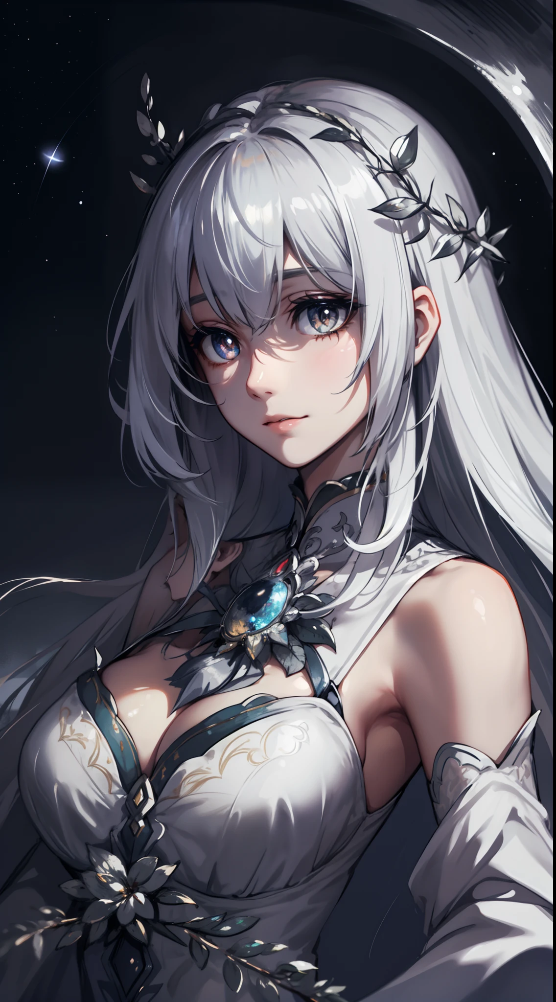 1 girl, upper body, single focus, goddess-like features, lunar attire, silver hair, (celestial: 1.4), (moonlight: 1.3), silver eyes, luminous skin, enchanting aura, [depth of field, ambient lighting, misty foreground, moonlit background], moonlit temples, tranquil atmosphere, wisps of mist, (enchanted forest), (cliff: 1.2), celestial magic circle, intricate constellations, enhanced luminosity.