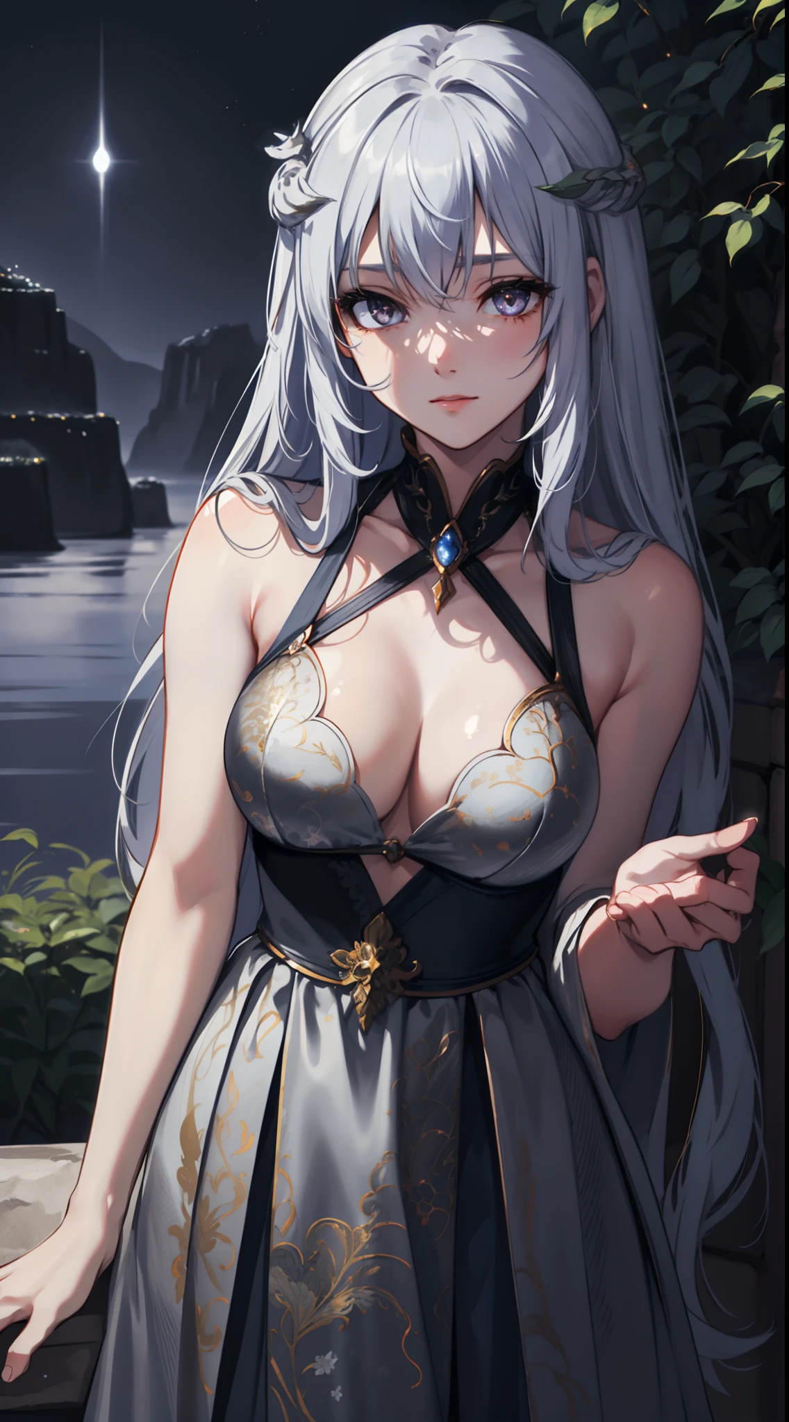 1 girl, upper body, single focus, goddess-like features, lunar attire, silver hair, (celestial: 1.4), (moonlight: 1.3), silver eyes, luminous skin, enchanting aura, [depth of field, ambient lighting, misty foreground, moonlit background], moonlit temples, tranquil atmosphere, wisps of mist, (enchanted forest), (cliff: 1.2), celestial magic circle, intricate constellations, enhanced luminosity.
