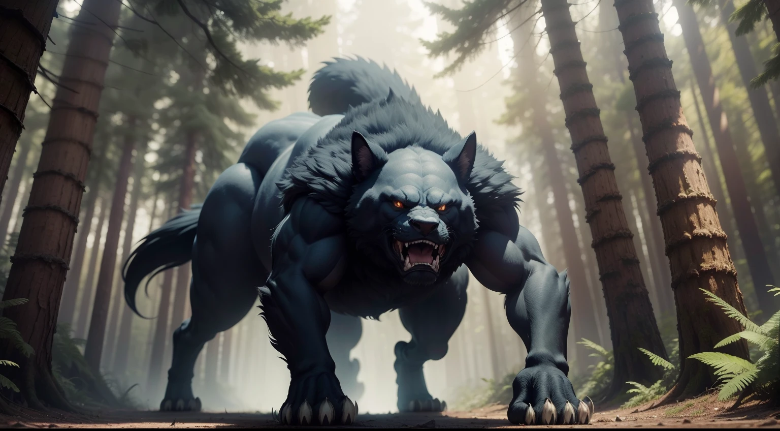 genera un super monstruo muy peludo, con largos dientes, Large legs with sharp paws, who is walking on all fours through a forest of pine trees and lots of brush, todo en 4k
