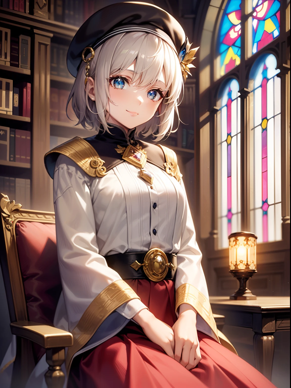 ((best-quality)), ((masterpiece)), (detaild:1.4),32k images,Best Anime,Sharpness,The best wallpapers,Manipulation of light:0.9,Fantastical,(wise man),smile,Fantasy World Library 1.1, (Perfect anatomy without destruction),(Beautiful eyes with detailed and detailed details,Lustrous eyes),(Beautiful robes with detailed details:1.1),(Glossy short hair:1.4),beret,Sparkling light:0.7,Having ancient documents,stained glass,0.8,lamp:0.7 Sitting on a chair:1.3