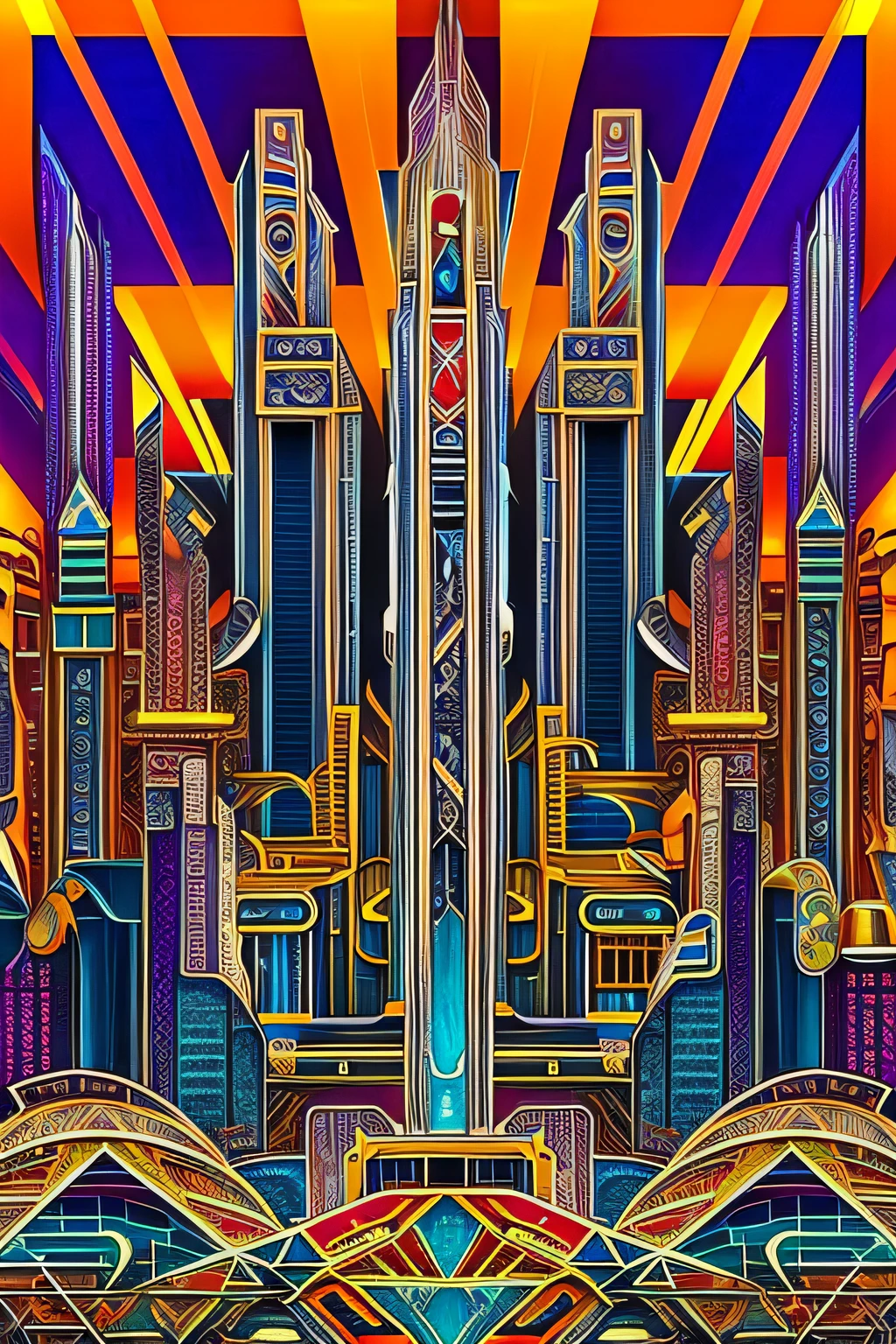 a close up of a picture of a building with many different designs, maximalism digital art, in style of futurism.digital art, symmetrical digital illustration, elaborate digital art, dense hypermaximalist metropolis, inspired by Lubin Baugin, intricate futurism, detailed digital artwork, coherent symmetrical artwork, background art deco palace, in style of digital art --auto