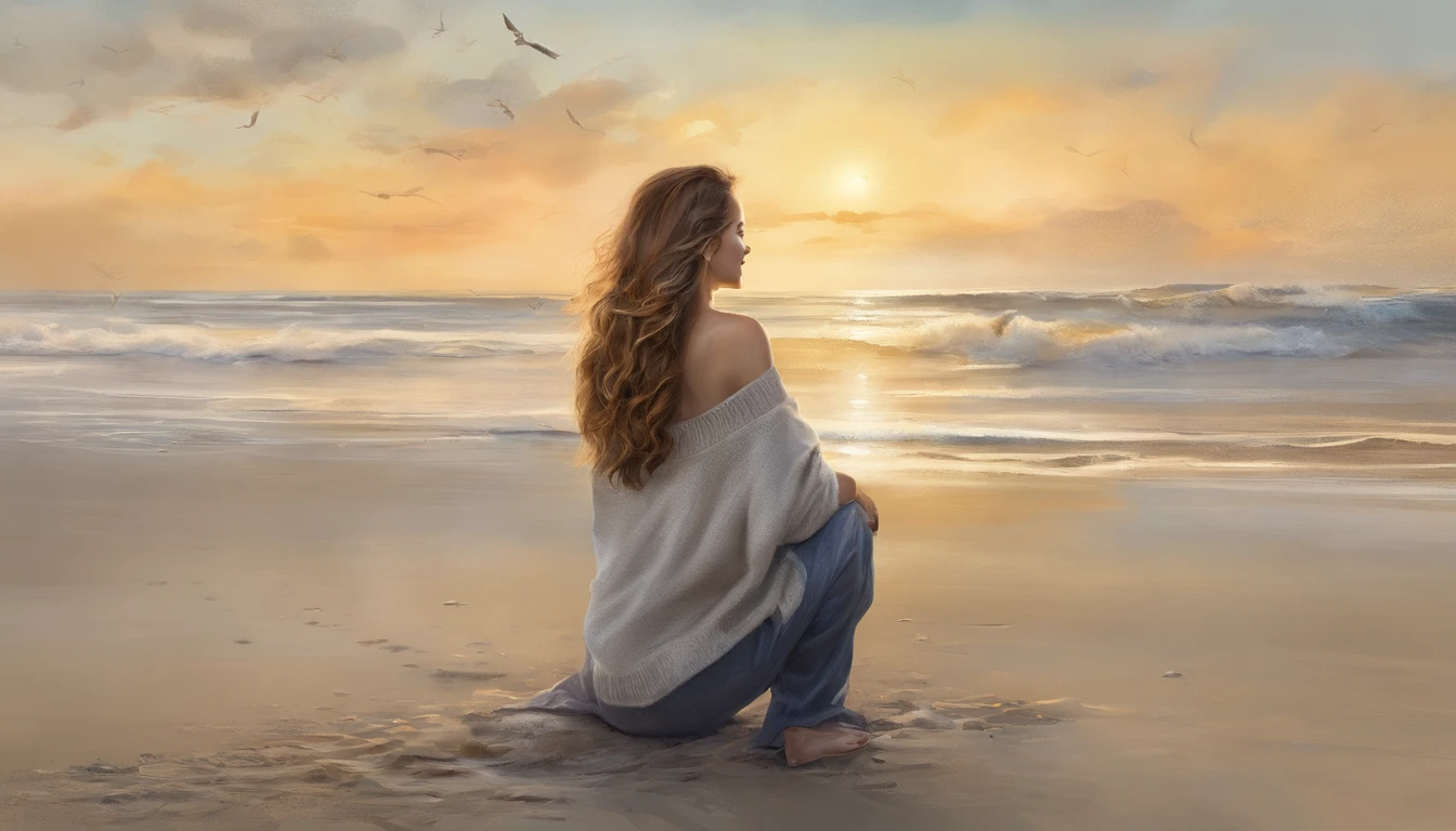 (8K、top-quality、masterpiece:1.2)、 (realisitic、Photorealsitic:1.37)、 ultra-detailliert、DJ Soda、 1 girl in、full body Esbian、Wearing a turtleneck sweater and skinny jeans、Stand on a sandy beach with the sea in the background、 cute little、独奏、 Beautiful detailed sky、 (A smile:1.15)、(Mouth closed)、 tiny chest、 beatiful detailed eyes、 (length hair:1.2)、 Floating Hair Novafrog Style、