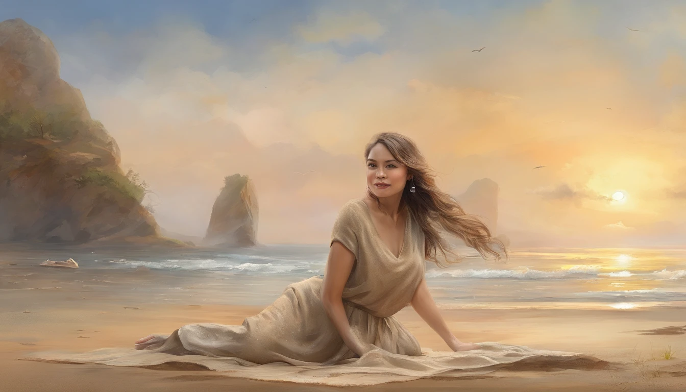 (8K、top-quality、masterpiece:1.2)、 (realisitic、Photorealsitic:1.37)、 ultra-detailliert、DJ Soda、 1 girl in、full body Esbian、Wearing a turtleneck sweater and skinny jeans、Stand on a sandy beach with the sea in the background、 cute little、独奏、 Beautiful detailed sky、 (A smile:1.15)、(Mouth closed)、 tiny chest、 beatiful detailed eyes、 (length hair:1.2)、 Floating Hair Novafrog Style、
