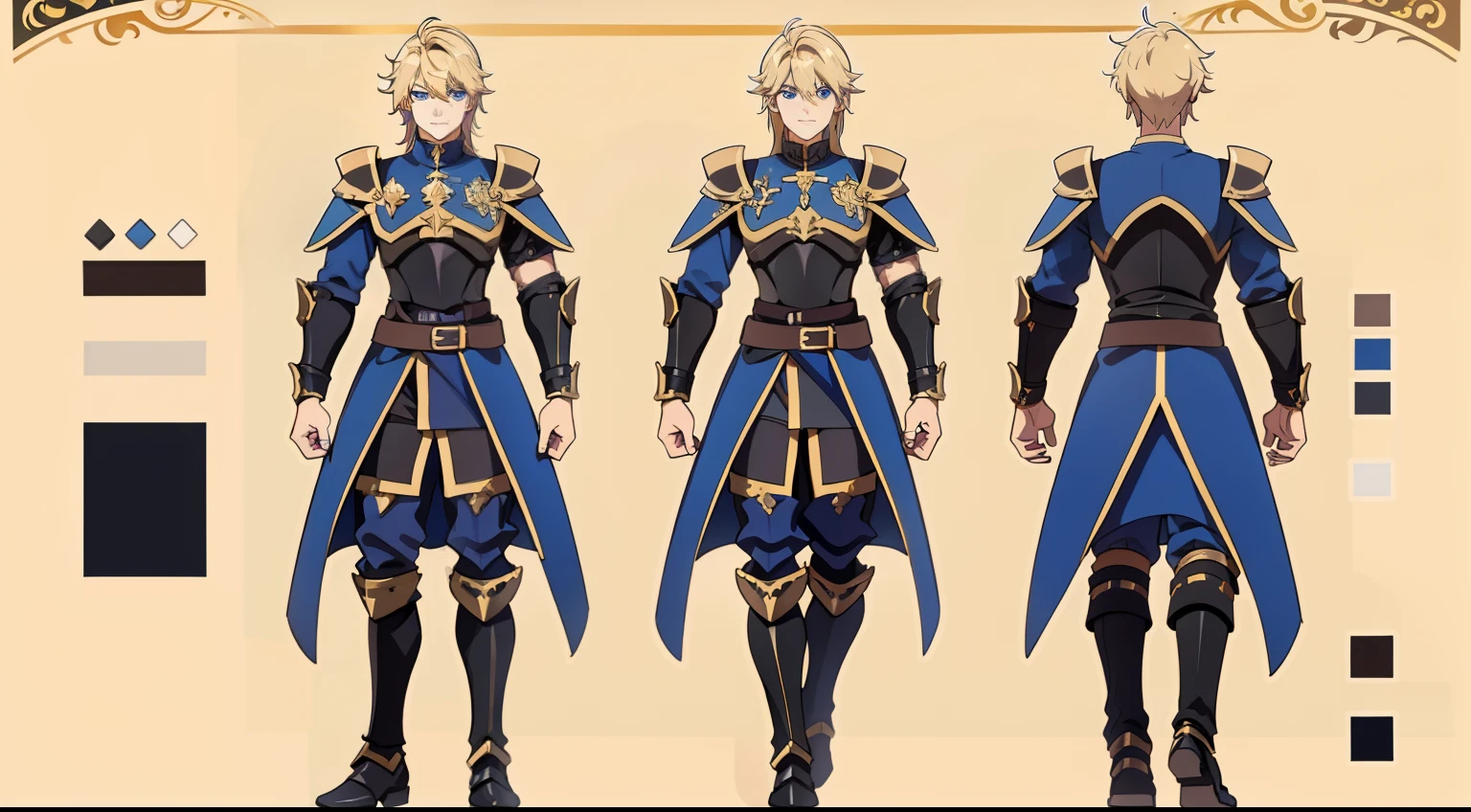 a character sheet for a medevial knight, black armor, golden hair, blue eyes, highly details, 4k, full body