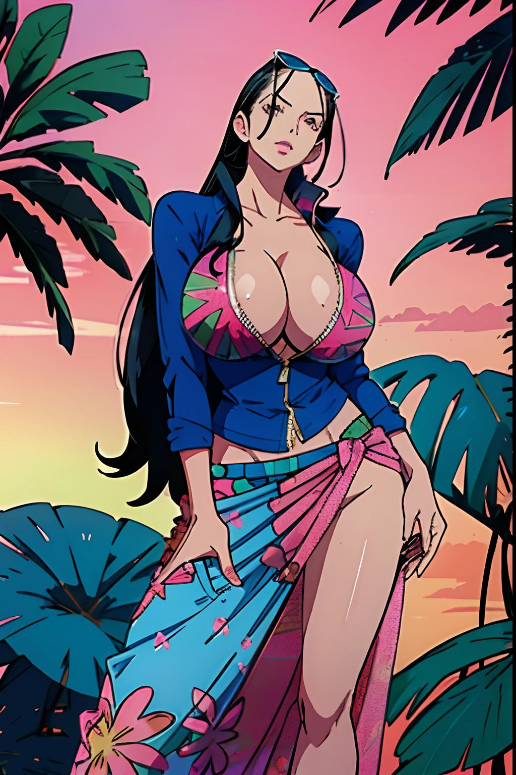 a woman in a blue top and pink skirt posing for a picture, nico robin, long hair, black hair, sun-glass on forehead, blue jacket, unzipped, exposed breasts, big breasts, pink sarong, exposed hip, jungle background