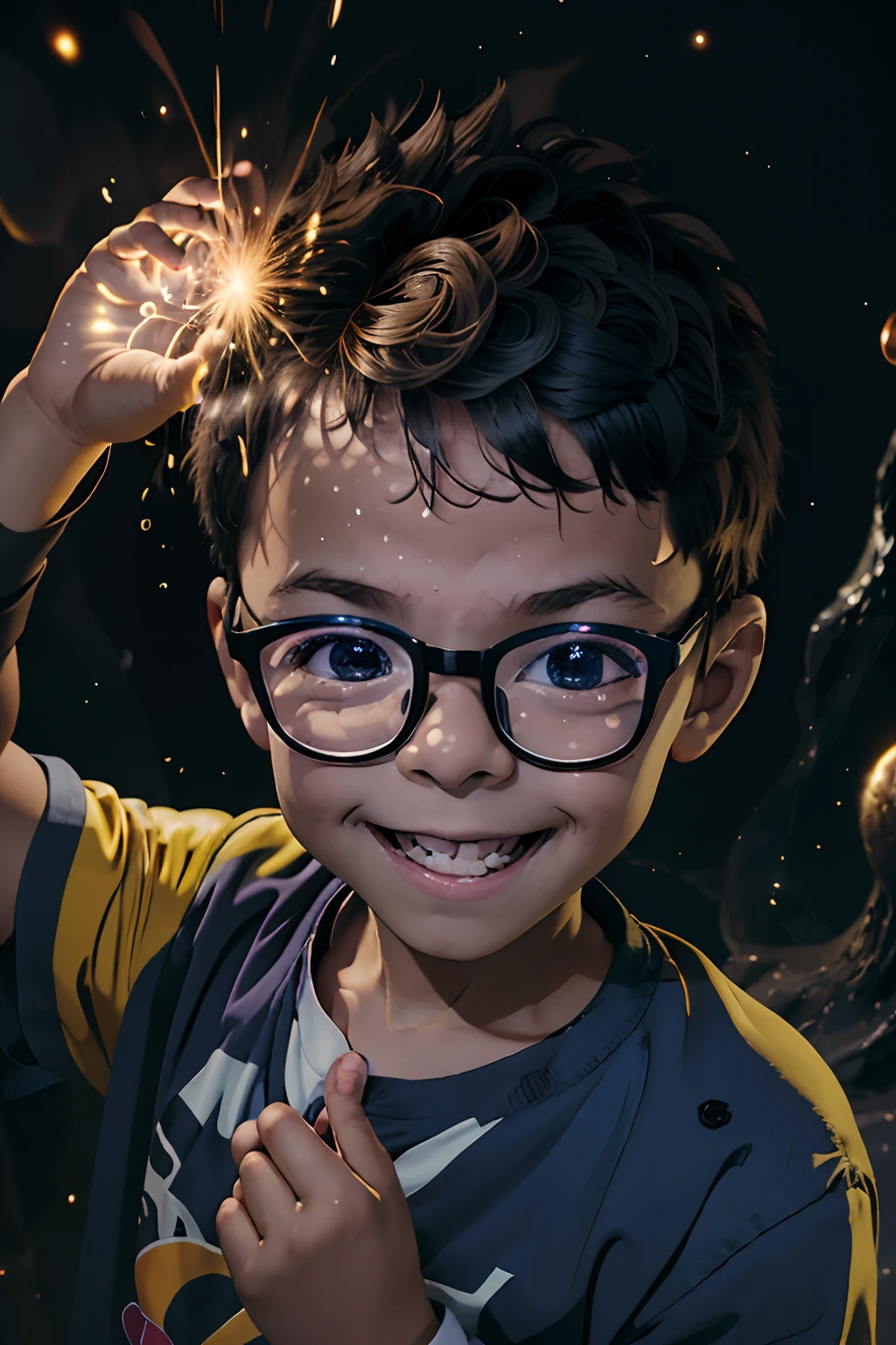 Capture a cheerful 3-year-old boy wearing glasses, Facing the camera, adornado em traje de bruxo, and showing off his magical abilities. The boy's face is lit up with an exciting smile as he manipulates the magic with confidence. Multicolored magical lightning and sparks emanate from his tiny hands, Creating an impressive display of colors and lights.The lights and magical effects reflect on the boy's innocent face, increasing the sense of wonder and enchantment. His eyes sparkle with excitement and curiosity as he revels in the magic he's conjuring.Behind him, A universe begins to take shape, with mystical portals, Planetas, e estrelas. This magical universe adds depth and cosmic wonder to the scene, further emphasizing the boy's magical abilities;;.The scene is well lit to highlight the boy's magical expressions and effects. The background should have a significant blur to put the focus directly on the boy and his magical performance. A imagem deve ser hiper-detalhada e hiper-realista, capturing every nuance of the boy's expression and the magic he is creating.Render the image in an impressive 8K resolution to ensure that every detail, From the boy's costume to the cosmic universe, is brought to life with exceptional clarity.This scene perfectly blends the innocence and wonder of childhood with the magic of a fantastic world, Creating a visually immersive and exciting experience.