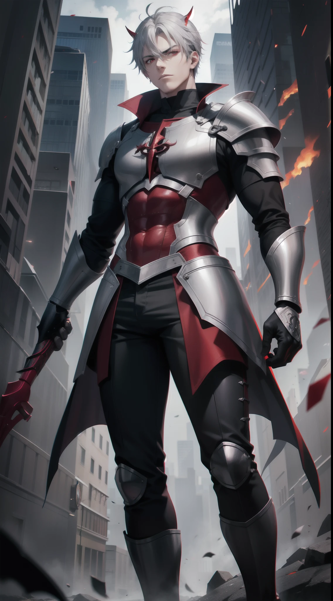 Male  adult with gray hair, red eyes, surounded devil flames, evil, beserk, wearing armor, lost control, devil, handsome