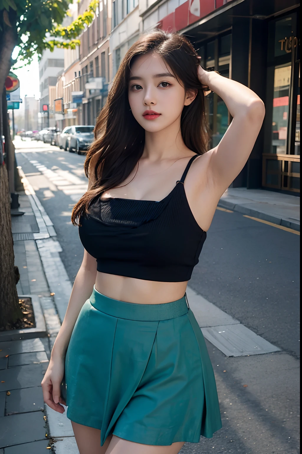((Realistic lighting, Best quality, 8K, Masterpiece: 1.3)), Focus: 1.2, 1girl, Perfect Body Beauty: 1.4, Slim Abs: 1.1, ((Dark Brown Hair)), (Aqua Dress: 1.4), (Outdoor, Night: 1.1), City Street, Super Fine Face, Fine Eyes, Double Eyelids,