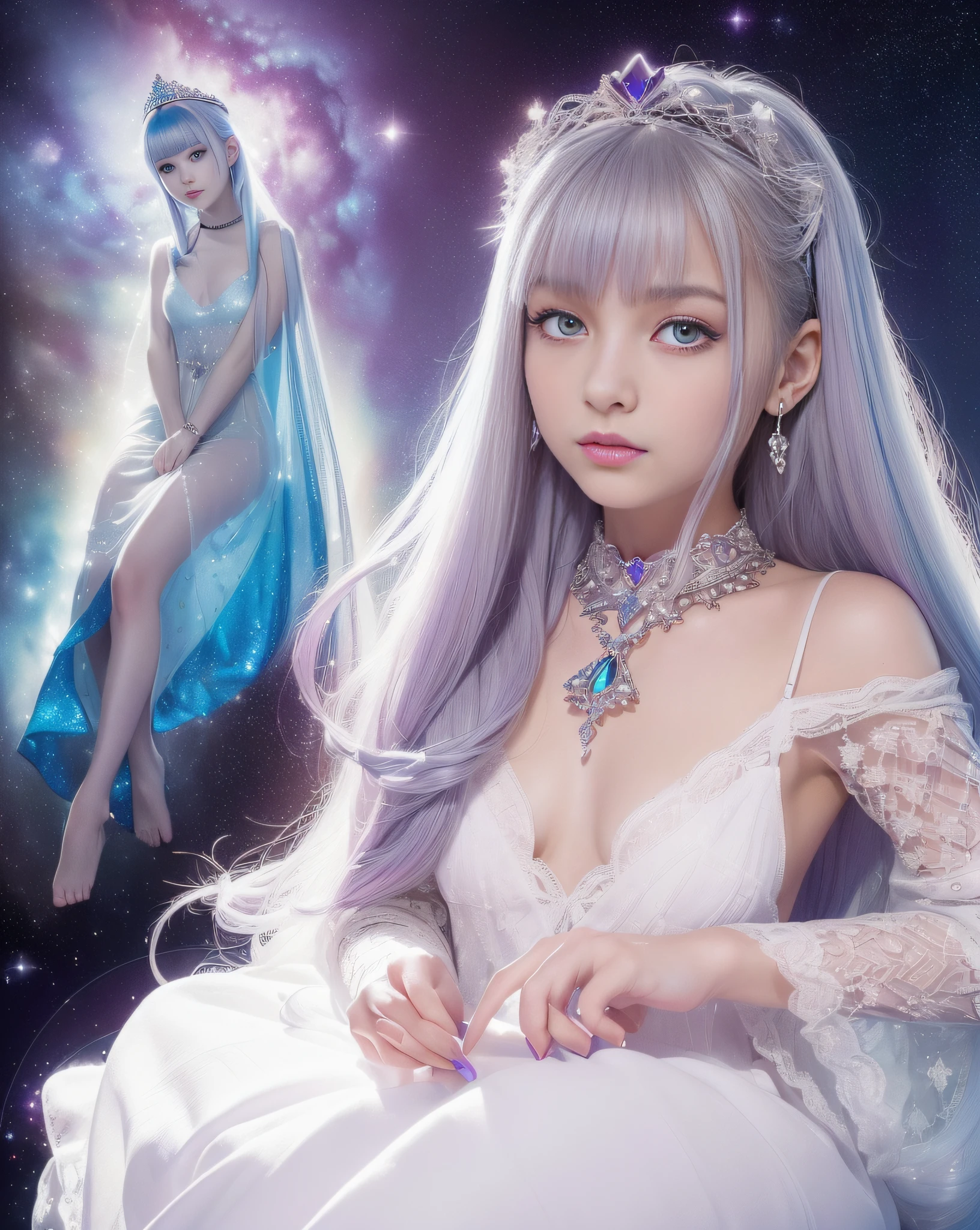 An ultra-high picture quality、(((full body Esbian)))、frontage、bilaterally symmetrical、((The background is a very dark Milky Way))、(((Planktonic)))、colourfull、muitoﾘｱﾙHuman texture、 (((Very cute beautiful Russian white girl )))、((Very white skin of a 10-year-old Causiarl witransparent blood vessels showing through))、(((very long and high nose of a white woman,,,,,)))、(((Under the short nose)))、(((no-makeup)))、 (1girl in:1.3),  Light persona, Dark Persona, mind control, fractral, ceiling, Artistic background, Geometric, organics, blessings, favor, noble, unfolded, elucidation, Anti-gravity, Antimatter, holy, Sacred, spiritual, Dignified, Luminescent, Holographic, About Magic Circle, photons, scales, Beak,(artistic)、(((The most fantastic brightly colored eyebrows))),,(((Glittering pale blue-violet silver hair and eyebrows)))、(((Super luxurious see-through Western style long dress with plenty of luxury accessories)))、(((Beautiful white skin with hair and pores,)))、(((Extremely delicate and brightly colored targets)))、(((Beautiful glowing caucasian woman with iris iris eye with ultra high definition pattern)))、(((I love you)))、Lots of luxury knick-knacks,(((Small drooping eyes with a gentle feeling)))、(((very thin eyelashes,,,,,,,,,,)))、(((Realistic naked eye)))、High Definition Lip、Beautiful double eyelids、(((Cute girlish hairstyle spreads softly.....)))、(((A Princess)))、(((large chest directed upwards in a very three-dimensional pointed shape,,,,,,,,,,,,,,,,)))、(((Dreams)))、(((Your imagination)))、(((Fluffy High Half Twin Tail Hair)))、Luxurious Princess Tiara、Luxury Princess Necklace、(((Looking at the camera)))、(((A gaze to look here)))、(((Sora no Otoshimono)))、With movement、star child