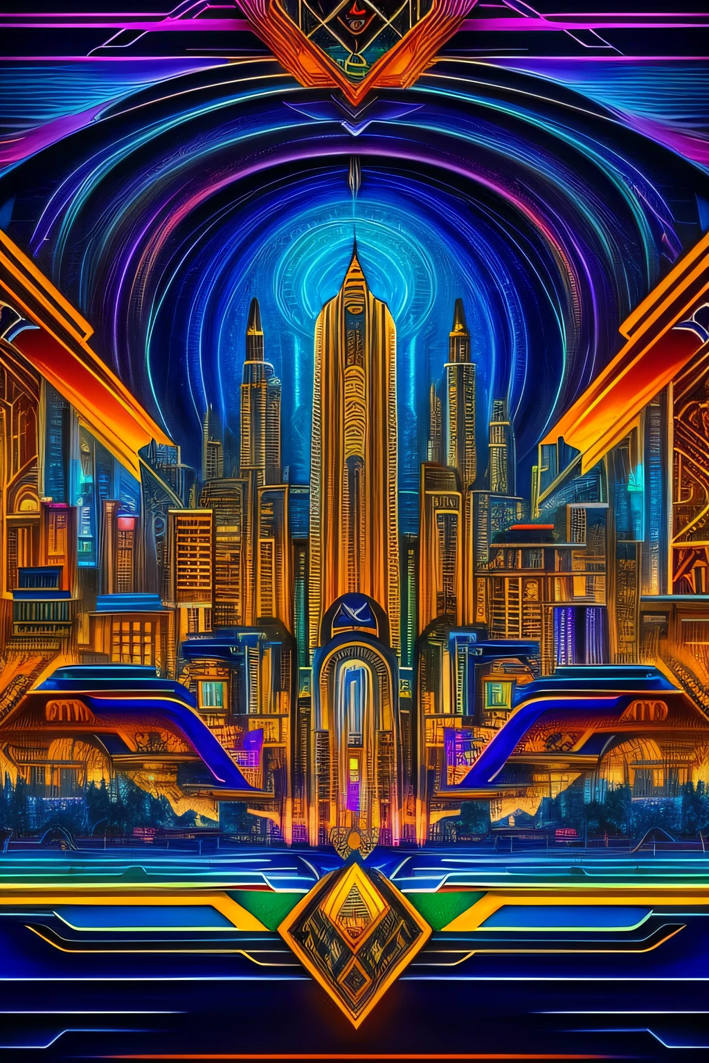 a close up of a picture of a building with many different designs, maximalism digital art, in style of futurism.digital art, symmetrical digital illustration, elaborate digital art, dense hypermaximalist metropolis, inspired by Lubin Baugin, intricate futurism, detailed digital artwork, coherent symmetrical artwork, background art deco palace, in style of digital art