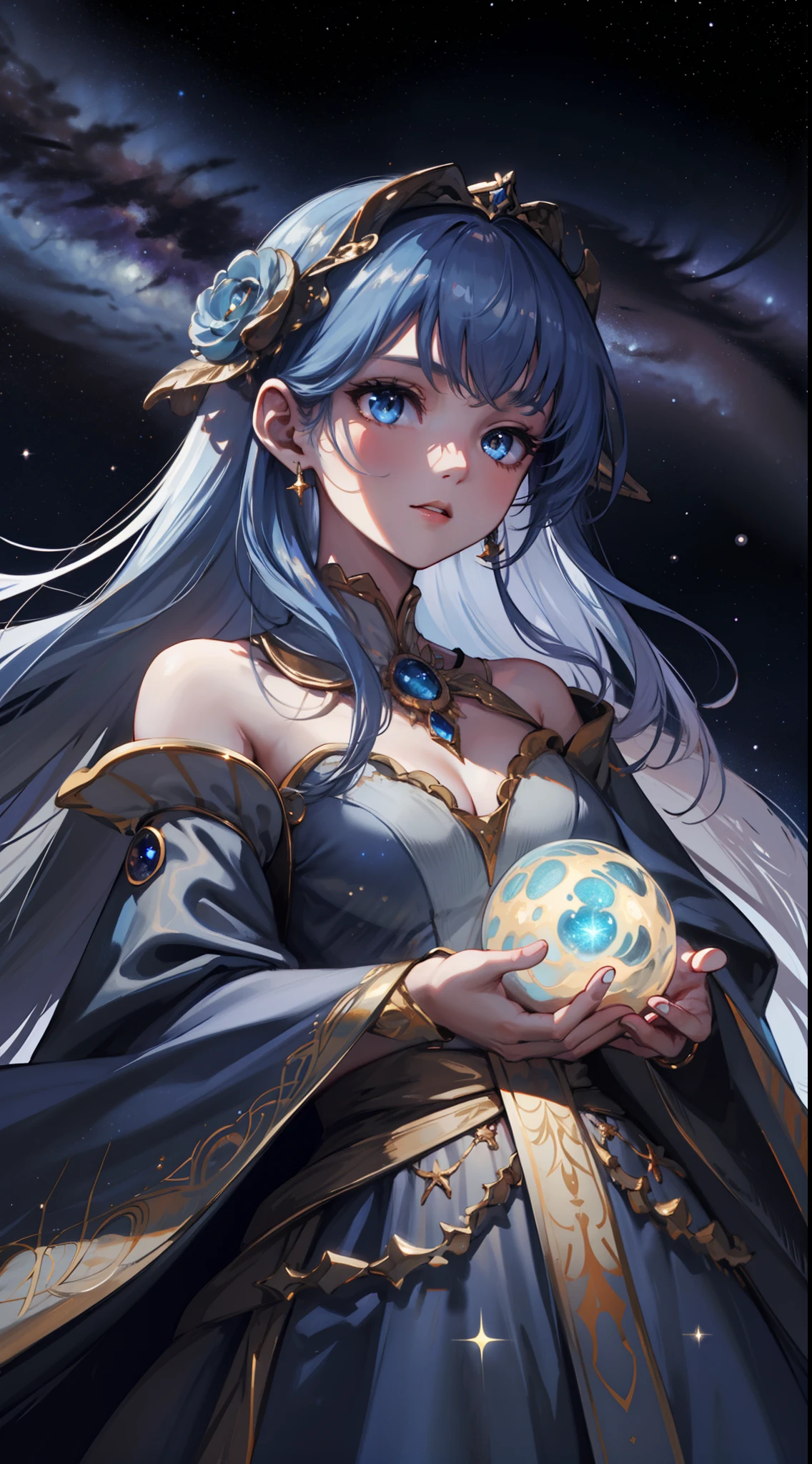 1 girl, upper body, single focus, regal beauty, galactic gown, flowing cosmic hair, (celestial: 1.4), (milky way: 1.3), cosmic eyes, luminous complexion, cosmic aura, [depth of field, ambient lighting, nebulous foreground, galactic background], celestial citadels, cosmic splendor, tendrils of stardust, (interstellar fields), (cliff: 1.2), celestial magic circle, intricate constellations, enhanced radiance.