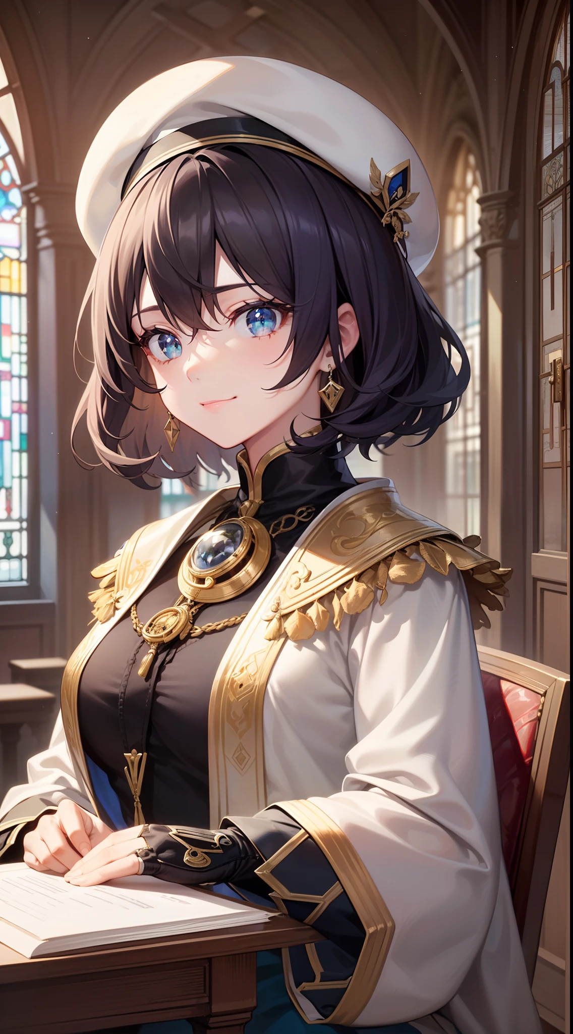 ((best-quality)), ((masterpiece)), (super-detailed:1.4),(32k images),(Ultra-high detail),Best Anime,Sharpness,The best wallpapers,Manipulation of light:0.9,Fantastical,(wise man),smile,Fantasy World Library 1.1, (Perfect anatomy without destruction),(Beautiful eyes with detailed and detailed details,Lustrous eyes),(Beautiful robes with detailed details:1.1),(Glossy short hair:1.4),beret,monocle:1.4,Sparkling light:0.7,Having ancient documents,stained glass,0.8,lamp:0.7 Sitting on a chair:1.3,