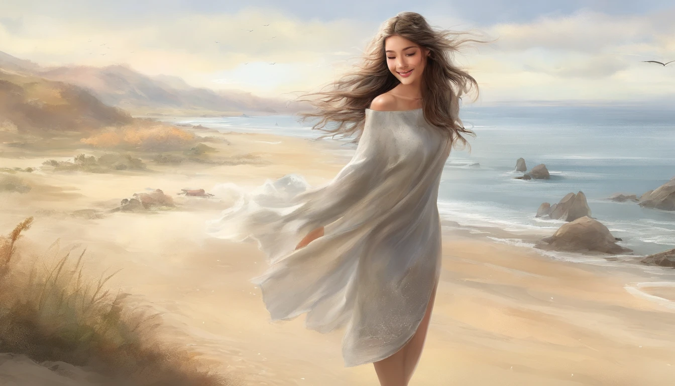 (8K、top-quality、masterpiece:1.2)、 (realisitic、Photorealsitic:1.37)、 ultra-detailliert、DJ Soda、 1 girl in、full body Esbian、Wearing a turtleneck sweater and skinny jeans、Stand on a sandy beach with the sea in the background、Stand with your whole body in the distance、 cute little、独奏、 Beautiful detailed sky、 (A smile:1.15)、(Mouth closed)、 tiny chest、 beatiful detailed eyes、 (length hair:1.2)、 Floating Hair Novafrog Style、