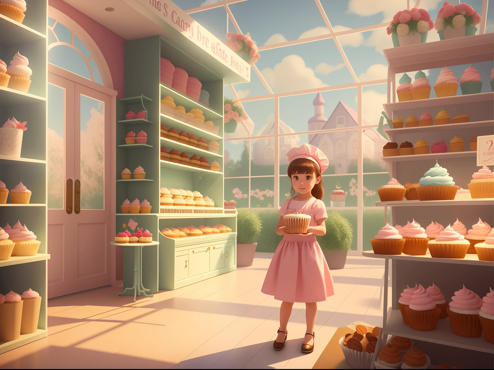 There was a girl standing in the bakery looking at cupcakes, cute bakery shop, lovely digital painting, Dream bakery interior environment, fantasy bakery, cute 3 d render, childrens art in artstation, 3 d render stylized, stylized 3d render, fantasy matte painting,Cute, baker shop, Inside an old magical dessert shop, Cute detailed digital art, Beautiful digital illustration