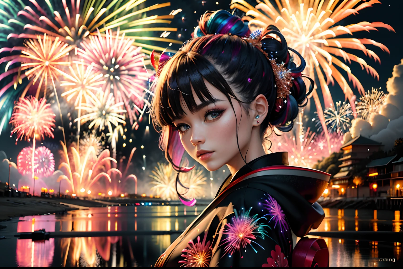 elaborate, wide shot, (((sparkling fireworks, glaring fireworks, shiny fireworks, spiral fireworks, granite fireworks, glowing smoke texture neuron fireworks:1.3))), broken glass fireworks, (in the fused rainbow hair ridiculously pretty girl of black kimono on the seaside beach:1.3), sharp face, all captured in sharp focus, rendered in stunning 32k resolution, orchestra atmosphere, mezzotint and acrylic paint, lucid, radiosity, extremely fine detail, epic high quality, insanely beautiful, vibrant colors, exudes realism, gentle glow, depth, color contrast, reflection,
