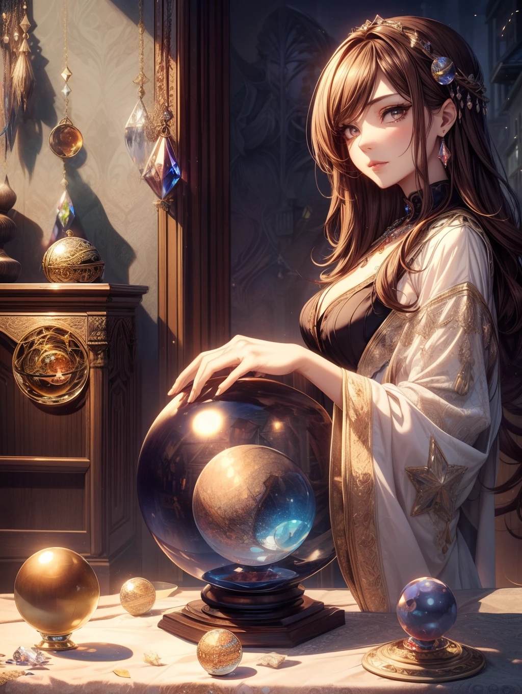 Best Quality, masutepiece, beautiful mature women、Beautiful face、Strong-minded woman、fortune teller、brown haired、Brown-eyed、Longhaire、Undersized eyes、(((Holding a crystal ball)))、(((House of fortune telling)))、Full body like、1 crystal