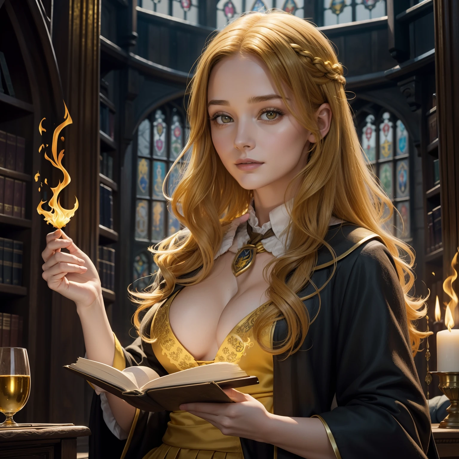 28 Jahre,a beautiful young woman, lange braune geflochtene Haare, Hogwarts Haus Huffelpuff, langer gelber Umhang, bare breasts, Hogwarts Nachthemd, goldene Dachskette um den Hals, Hogwarts im Hintergrund, holds yellow fire in his hand, Hand brennt gelb,