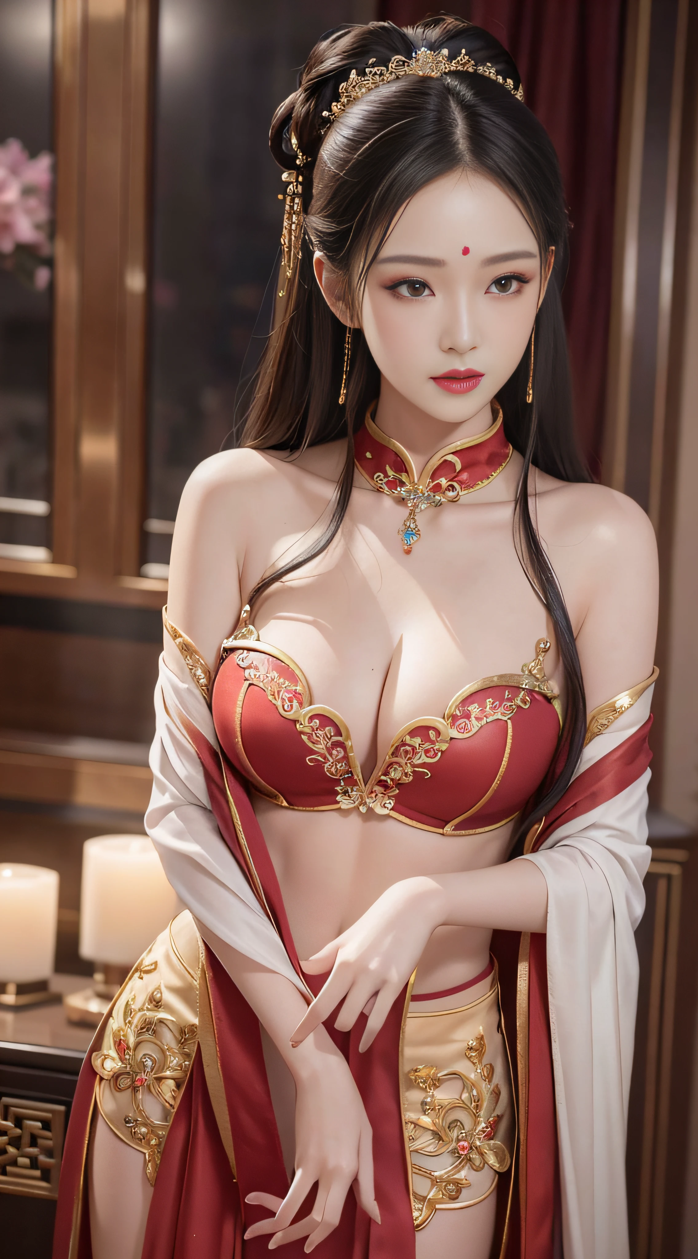 （From the outside） （shiny skins）， many color，Best quality at best，tmasterpiece，photograph of-realistic，Complicated details，RAW photogr，Court，Gorgeous cheongsam，Extra-long hair，cropped shoulders，delicated face，Expose cleavage，decorations，Hide hands，(Realistic1.3)