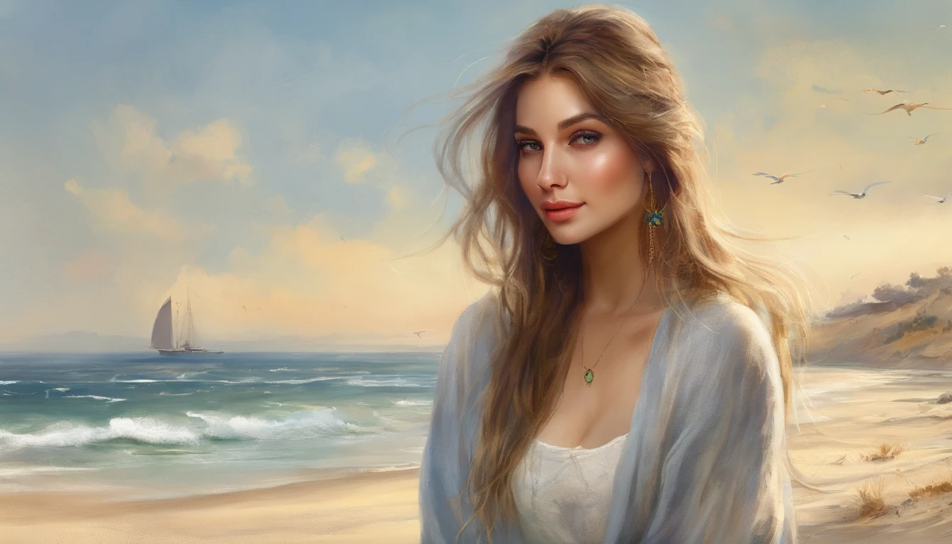 (8K、top-quality、​masterpiece:1.2)、 (realisitic、Photorealsitic:1.37)、 ultra-detailliert、DJ Soda、 1 girl in、full body Esbian、Wearing a turtleneck sweater and skinny jeans、Stand on a sandy beach with the sea in the background、Small back view in the distance、 cute little、独奏、 Beautiful detailed sky、 tiny chest、 (length hair:1.2)、 Floating Hair Novafrog Style、