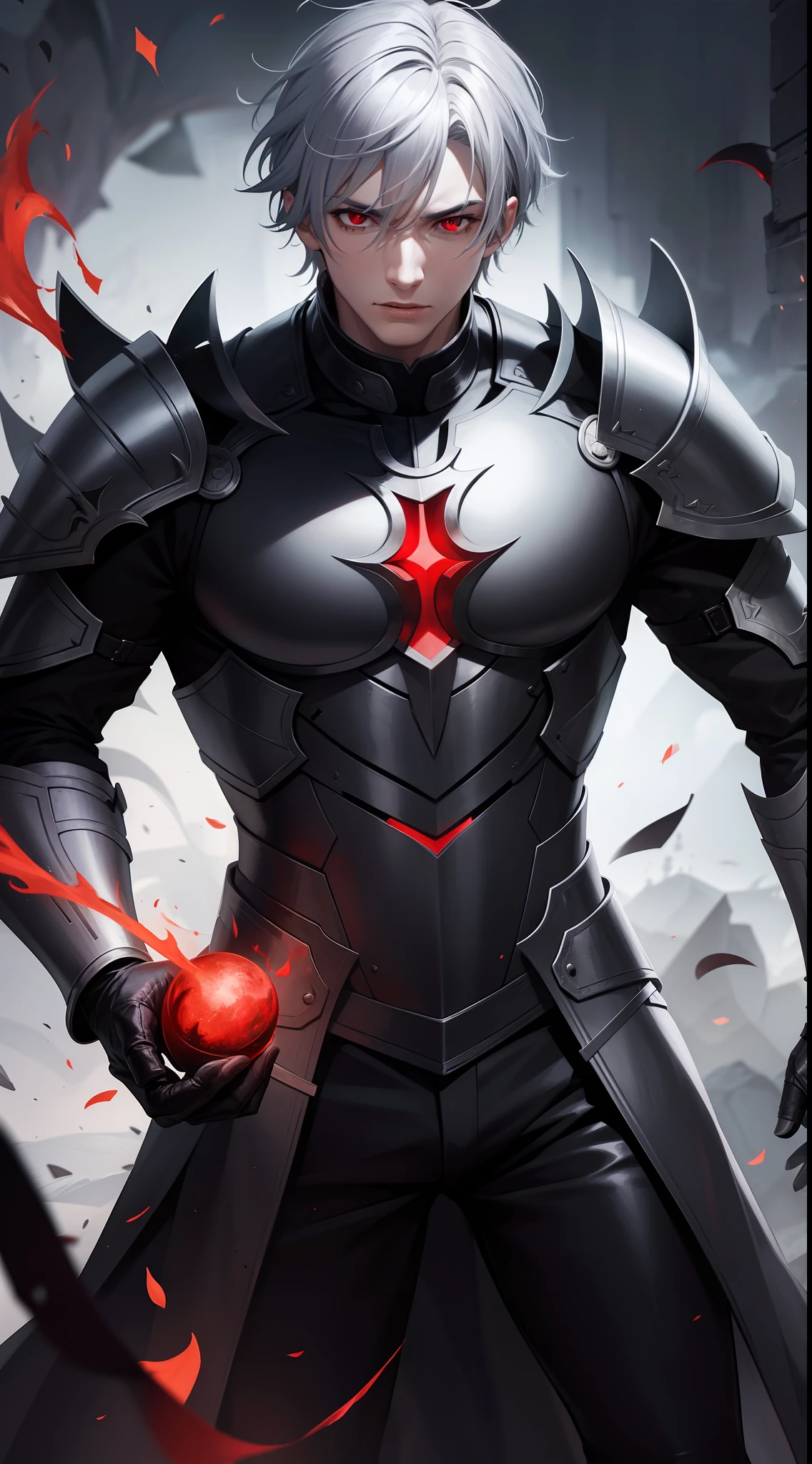 Male  adult with gray hair, red eyes, surounded devil flames, evil, beserk, wearing armor, devil, handsome