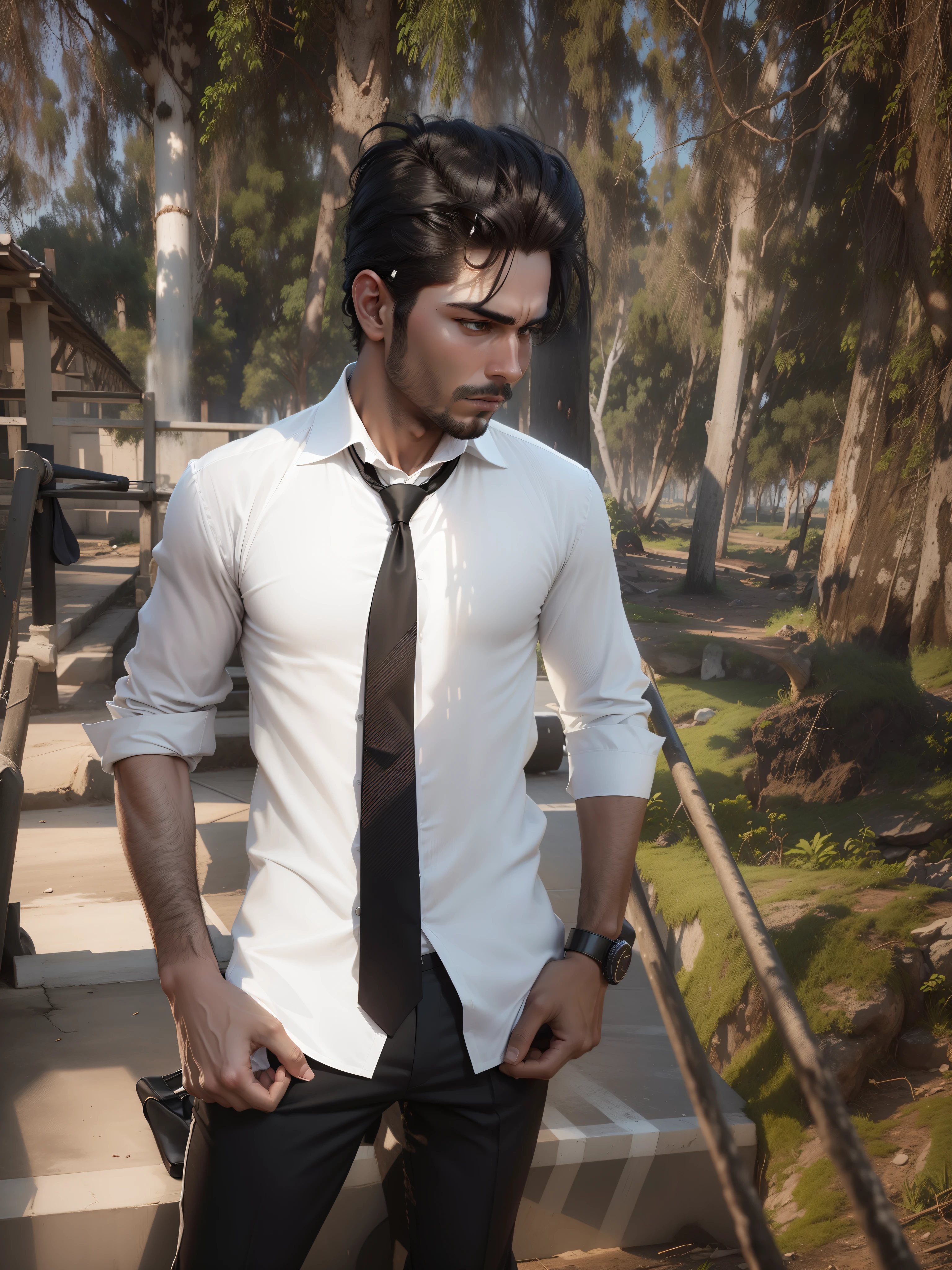Change background. Black shirt and white pant with white tie, dont change my face, 8k ultra realistic