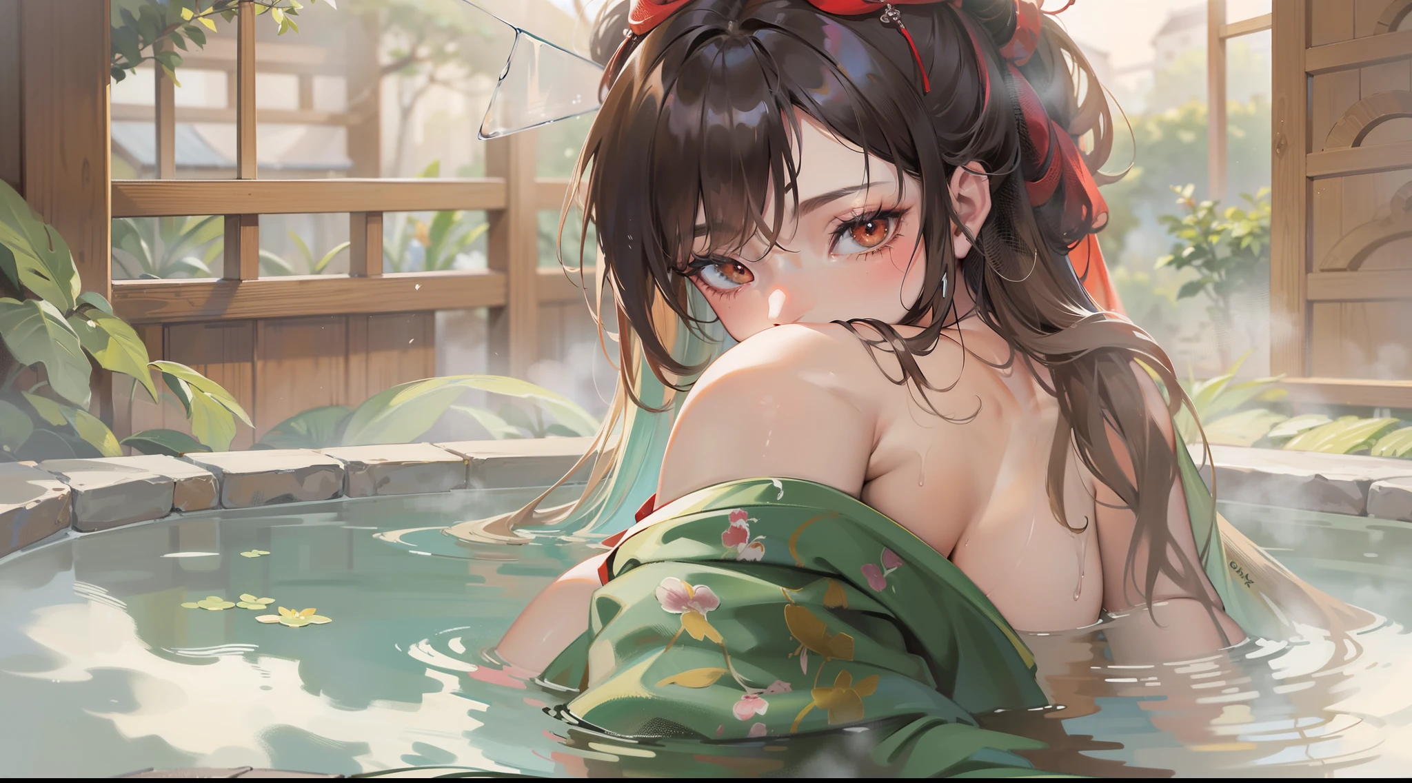 NSFW, Oil Painting, masutepiece, Full Front Portrait, Super lascivious beautiful girl, Soak in the hot springs,  Dynamic Pose, Old-fashioned onsen inn, Hide your body with one towel, Dreamy haze of fog, The images are realistic and ultra-high definition, Shoot with manual focus showing intricate details