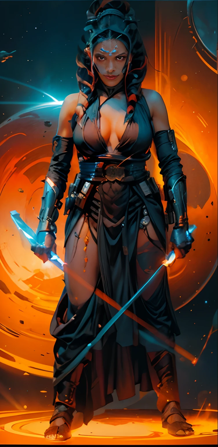 Rosario Dawson es Ahsoka Tano de Star Wars, a commander in the Grand Army of the Republic. It has facial markings and horn-shaped sensory organs known as montrals and three long tentacle-shaped tails called lekku... Ella lleva dos sables de luz en primer plano delante de su cuerpo, en ambas manos, (FISHEYE ANGLE)++++, vista de arriba hacia abajo, 60º bird's-eye view camera angle, Ultra wide-angle camera, (8k, La mejor calidad, obra maestra: 1.2), Cuerpo completo del personaje, VRAY, HDR,Ultra detalle, calidad premium, ultra-high def, Pro Lighting, mapeo de fotones, physically based representation, cinematic lighting+,Rosario Dawson es Ahsoka Tano de Star Wars, orange skin, damp skin, gotas brillantes de sudor, erotic, pechos grandes desnudo, rubor rojo、un cuerpo mojado、vampiresa viciosa, (brillante), Chica animadora 、sonriente, sonrisa perfecta、gran escote, high fantasy、obscenidad、Tetas colosales、senos muy grandes, The pink nipple peeks through the clothes, grandes pezones duros, highly detallado、8k、high resolusion、Labios grandes y jugosos、muslos gruesos y jugosos、maquillaje、sombra de ojos de color rojo, pechos grandes y brillantes、fotorrealista、cinema4d、octane representation、Un sexy、Curvaceous but slender、Sobreexpuestas、Perfectcomposition、NSFW, Calidad profesional, motor irreal , profundidad espacial, (Chispas: 0.7), (8k, La mejor calidad, obra maestra: 1.2), The most beautiful illustration in the world, (realista, fotorrealista: 1.37), Ultra detalle, calidad premium, ultra-high def, Pro Lighting, mapeo de fotones, radiosidad, physically based representation, cinematic lighting, bioluminiscencia, ojos brillantes, Arte de Artgerm y Greg Rutkowski y Alphonse Mucha, Inside a Federation spacecraft, Science-Fiction