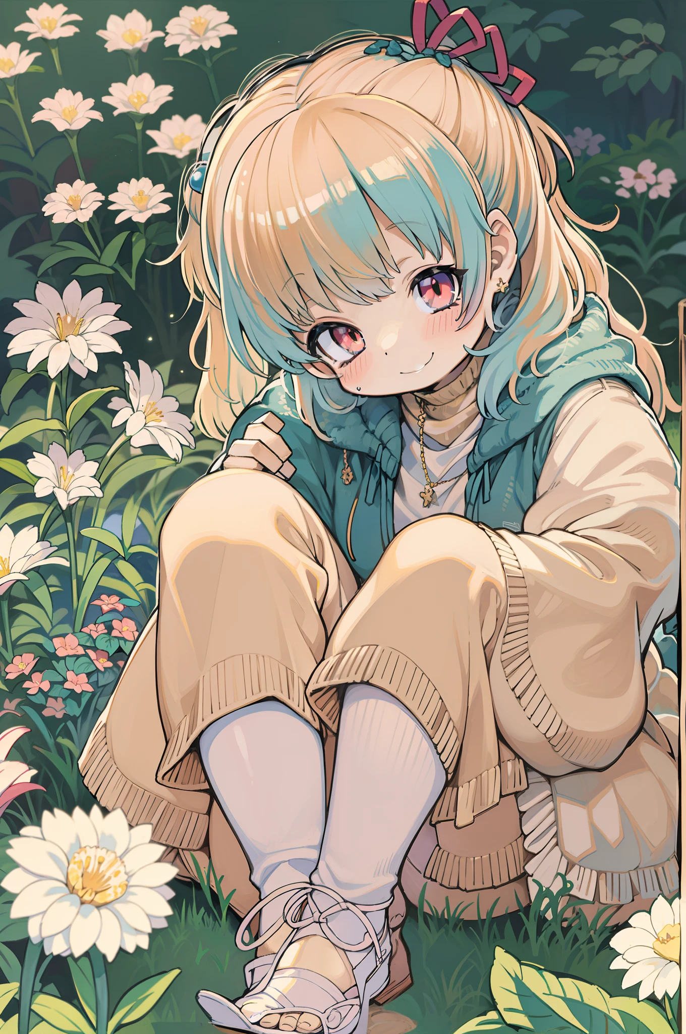 80s anime-style anime girl sitting in flower garden looking at camera, Smiling. PastelColors
