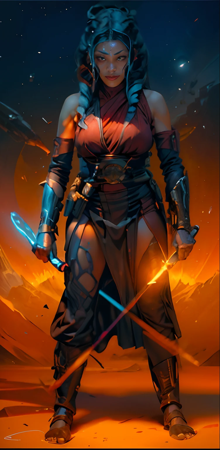 Rosario Dawson es Ahsoka Tano de Star Wars, a commander in the Grand Army of the Republic. It has facial markings and horn-shaped sensory organs known as montrals and three long tentacle-shaped tails called lekku... Ella lleva dos sables de luz en primer plano delante de su cuerpo, en ambas manos, (FISHEYE ANGLE)++++, vista de arriba hacia abajo, 60º bird's-eye view camera angle, Ultra wide-angle camera, (8k, La mejor calidad, obra maestra: 1.2), Cuerpo completo del personaje, VRAY, HDR,Ultra detalle, calidad premium, ultra-high def, Pro Lighting, mapeo de fotones, physically based representation, cinematic lighting+,Rosario Dawson es Ahsoka Tano de Star Wars, orange skin, damp skin, gotas brillantes de sudor, erotic, pechos grandes desnudo, rubor rojo、un cuerpo mojado、vampiresa viciosa, (brillante), Chica animadora 、sonriente, sonrisa perfecta、gran escote, high fantasy、obscenidad、Tetas colosales、senos muy grandes, The pink nipple peeks through the clothes, grandes pezones duros, highly detallado、8k、high resolusion、Labios grandes y jugosos、muslos gruesos y jugosos、maquillaje、sombra de ojos de color rojo, pechos grandes y brillantes、fotorrealista、cinema4d、octane representation、Un sexy、Curvaceous but slender、Sobreexpuestas、Perfectcomposition、NSFW, Calidad profesional, motor irreal , profundidad espacial, (Chispas: 0.7), (8k, La mejor calidad, obra maestra: 1.2), The most beautiful illustration in the world, (realista, fotorrealista: 1.37), Ultra detalle, calidad premium, ultra-high def, Pro Lighting, mapeo de fotones, radiosidad, physically based representation, cinematic lighting, bioluminiscencia, ojos brillantes, Arte de Artgerm y Greg Rutkowski y Alphonse Mucha, Inside a Federation spacecraft, Science-Fiction