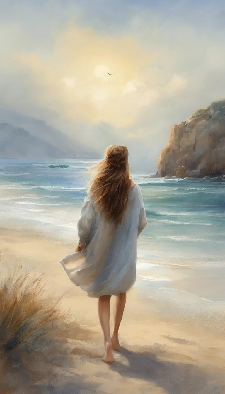 (8K、top-quality、masterpiece:1.2)、 (realisitic、Photorealsitic:1.37)、 ultra-detailliert、DJ Soda、 1 girl in、full body Esbian、Wearing a turtleneck sweater and skinny jeans、Stand on a sandy beach with the sea in the background、Small back view in the distance、 cute little、独奏、 Beautiful detailed sky、 tiny chest、 (length hair:1.2)、 Floating Hair Novafrog Style、