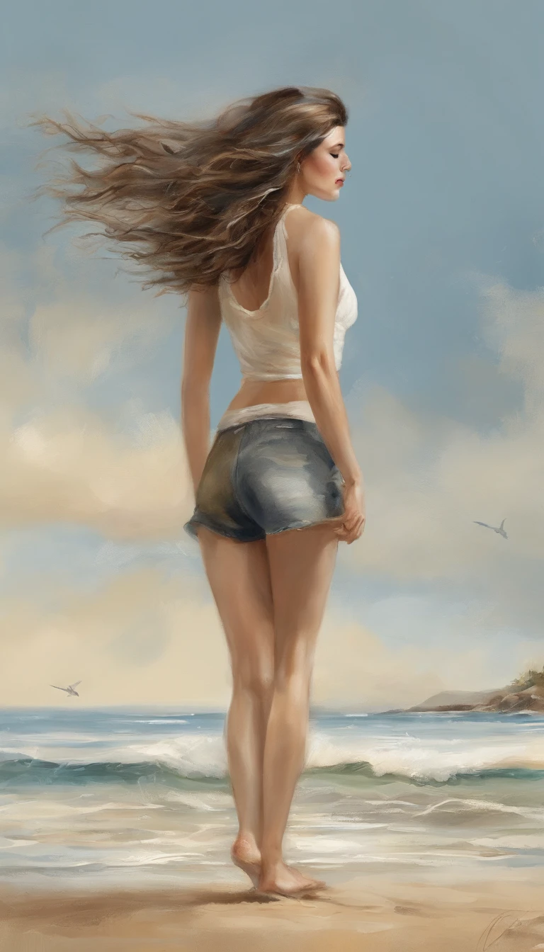 (8K、top-quality、masterpiece:1.2)、 (realisitic、Photorealsitic:1.37)、 ultra-detailliert、DJ Soda、 1 girl in、full body Esbian、Wearing a turtleneck sweater and skinny jeans、Stand on a sandy beach with the sea in the background、Small back view in the distance、 cute little、独奏、 Beautiful detailed sky、 tiny chest、 (length hair:1.2)、 Floating Hair Novafrog Style、