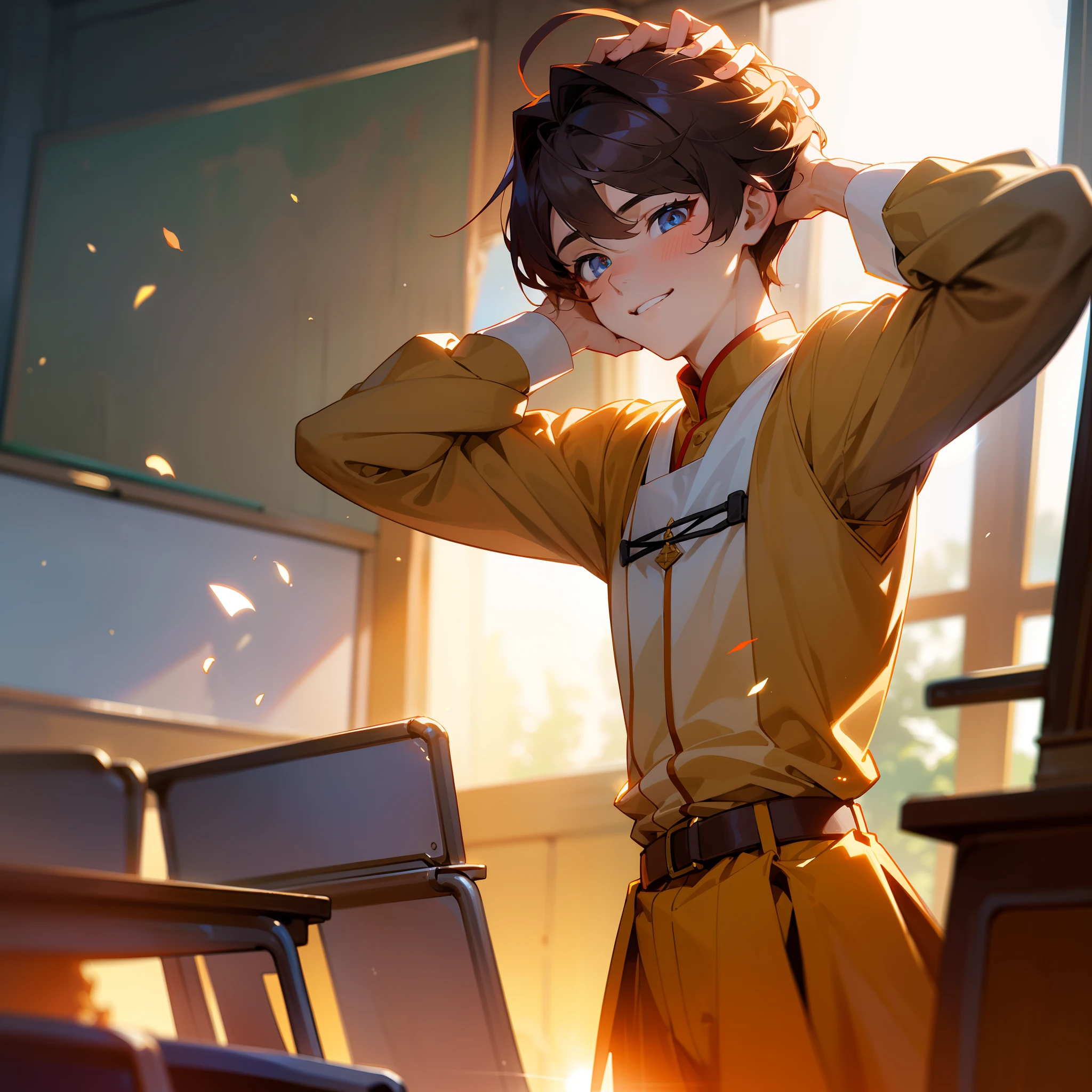 A ager,Beautiful boy,(Strong boy),pupils,Separate lips,(Flirting smiles),brunette color hair,(student clothes),(Look to the side),(Classroom),Contour light,dingdall effect,Backlight,Ambient lighting,lense flares,Macro lens,超高分辨率,((Put your hands behind your head))