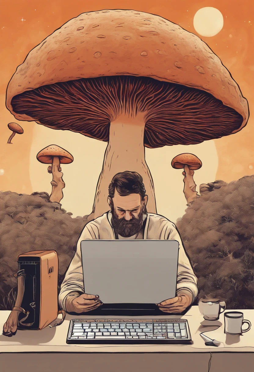 Arafed man sitting at a table with a laptop under a mushroom, Magic mushroom, Funny strange illustration, Ultra humorous illustration, mind-bending digital art, Computer nerd, inspired by Hovsep Pushman, Surreal illustration, Randy Gallegos, The brain is connected to a computer, humorous illustration, Andrey Kolkutin, an alien, running on a computer