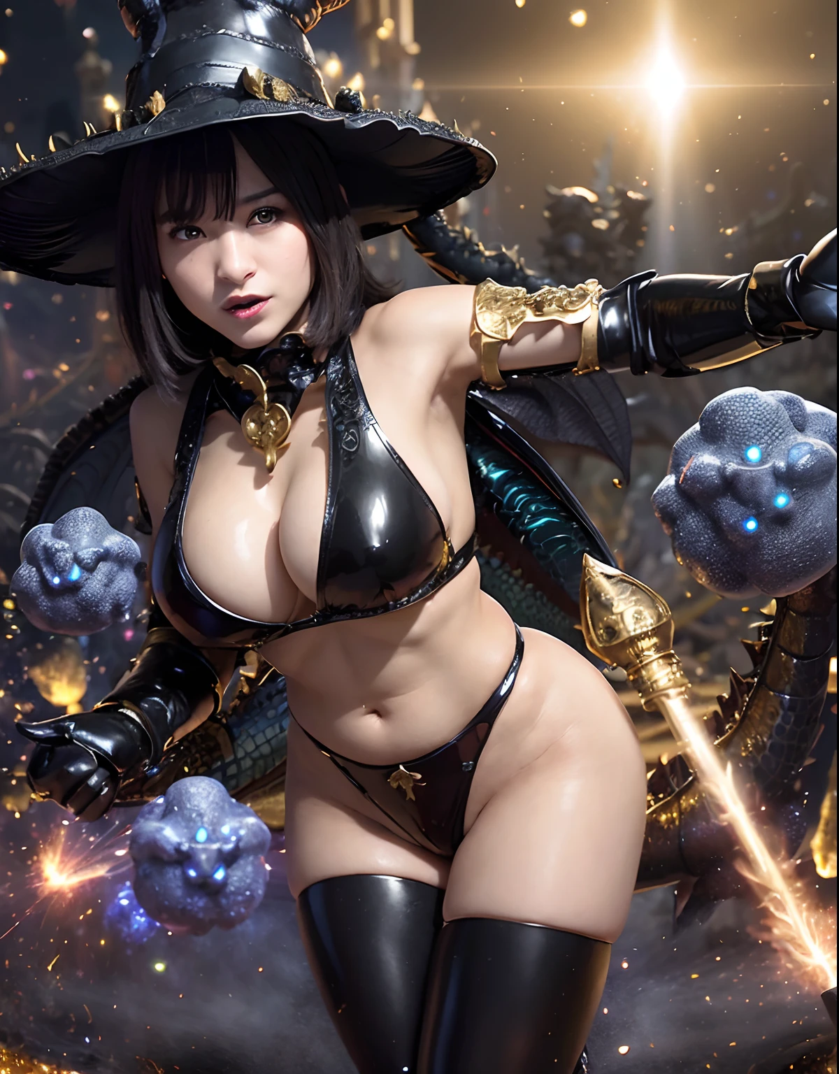 ((World of Darkness)),Professional , masterpiece、top-quality、photos realistic , depth of fields 、(((With a magic wand of gems))),(Dragon Black Metal Body:1.9),(latex black-blue、(cleavage of the breast)(Fight dragons)、、(((Particles of light))),(Micro Bikini Armor:1.7),Gorgeous gold weapons ,(Fight dragons)、Seductive look、(blood splattere、((((With a magic wand))), ) , (((Wearing a black latex wizard hat))),(demonic wings) ,((a blond))、(Castle background)、((Gangle's forest background))、Beautiful Caucasian beauty、1a person、dynamic ungle,(((Detailed and ornate dragon wizard hat)))、Smaller head、A smile、Castle background、Thin and beautiful female hands、cleavage of the breast、Soldier in iron armor on background、Mystical expression、Light Effects、intense fighting、Wind-effect、magic circles、With the legendary magic wand、Dragon's tail、explosions、Toostock、Toostock、