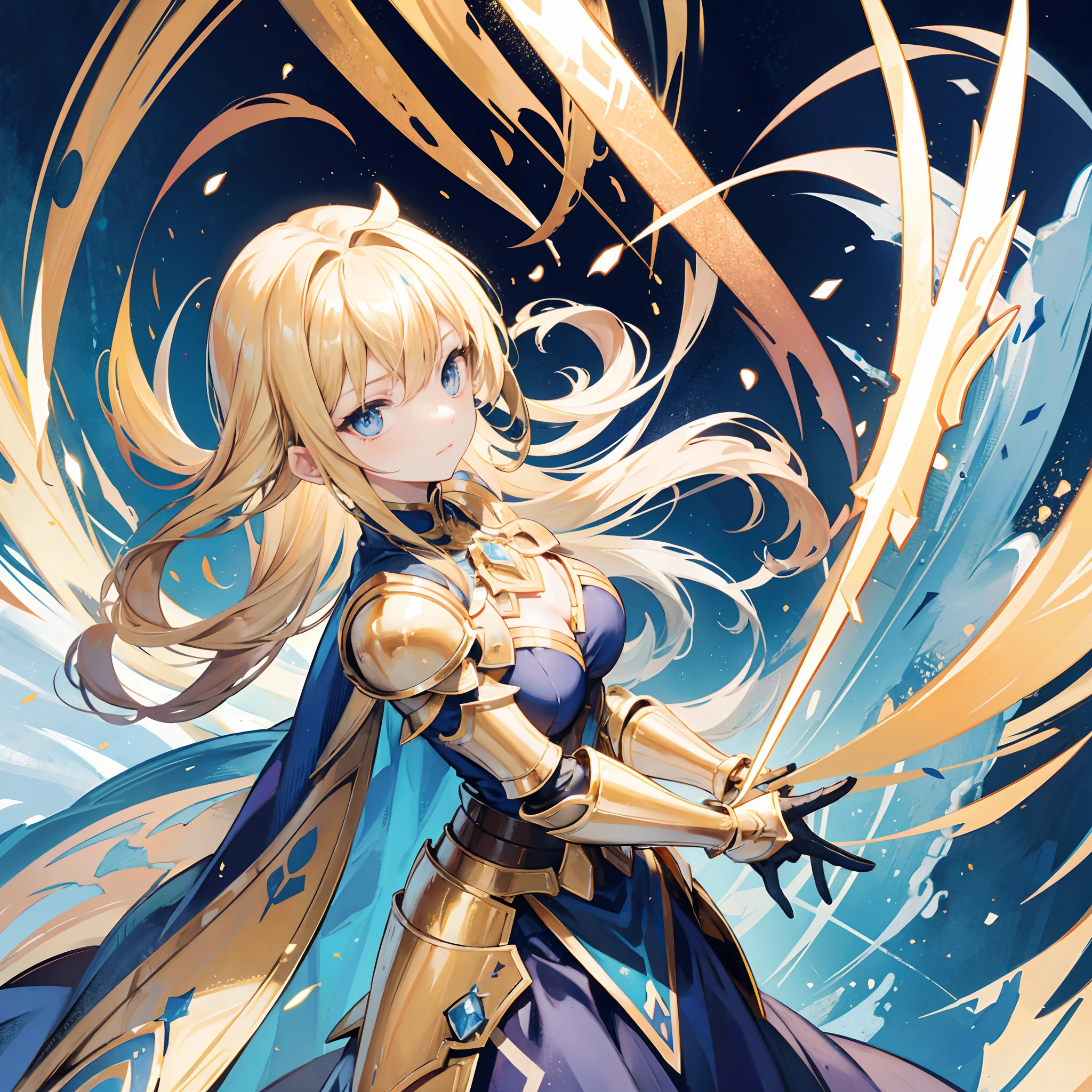 blonde hair,blue eyes,golden dress like armor,holding a lance
