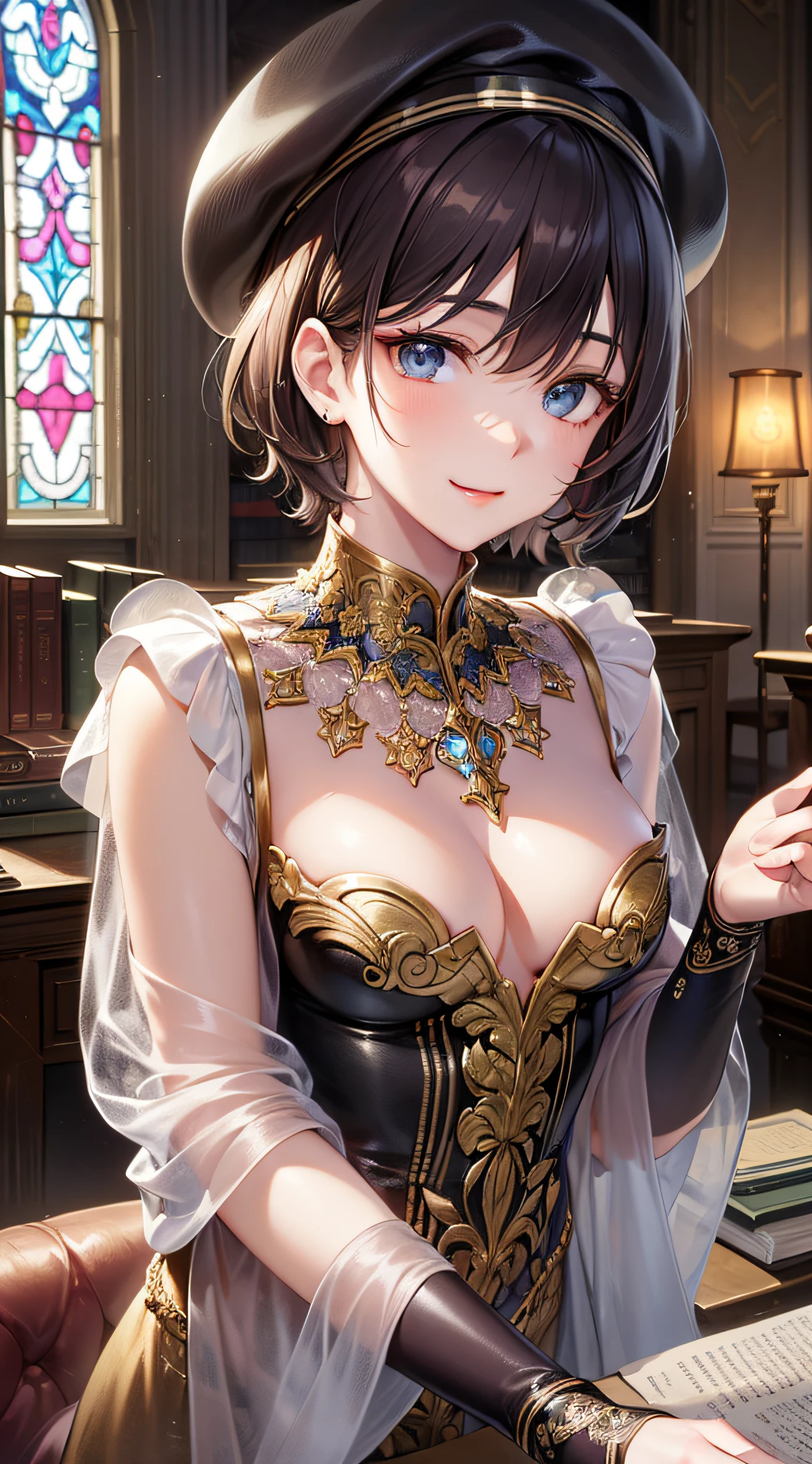 ((best-quality)), ((masterpiece)), (ultra- detailed:1.4),(32k images),(Ultra-high detail),Best Anime,Sharpness,The best wallpapers,Manipulation of light:0.9,Fantastical,(wise man),Smile,Fantasy World Library 1.5, (Perfect anatomy without destruction),(Beautiful eyes with detailed and detailed details,Lustrous eyes),(Beautiful robes with detailed details:1.1),(Glossy short hair:1.4),beret,Sparkling light:0.7,,Having ancient documents,stained glass,0.8,lamp:0.7,Librarian's Desk:1