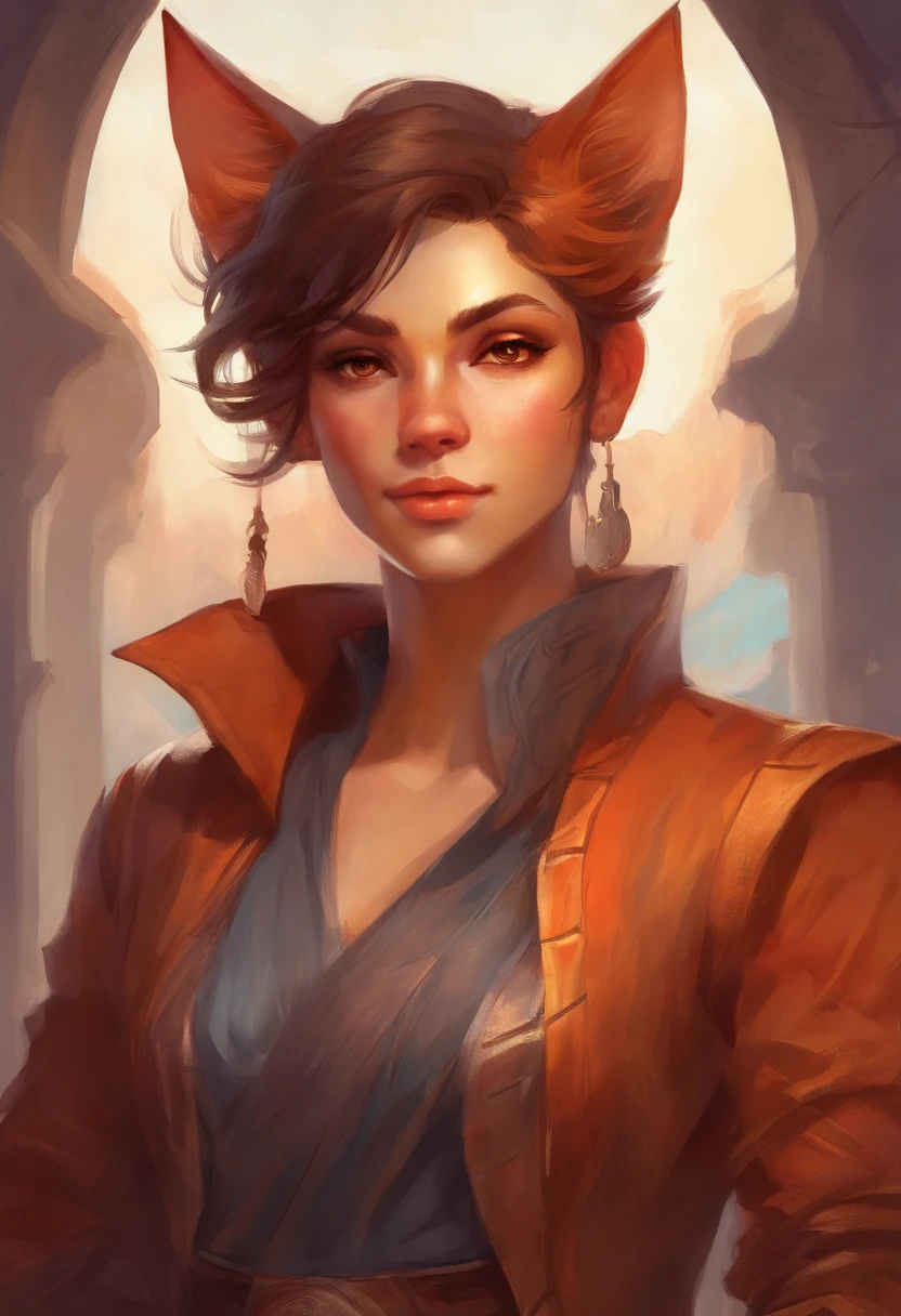 nonbinary cat person, brown chin-length hair, reddish-orange eyes, slit eyes, 5'6, 107 lbs, fully clothed, leather traveler's clothes