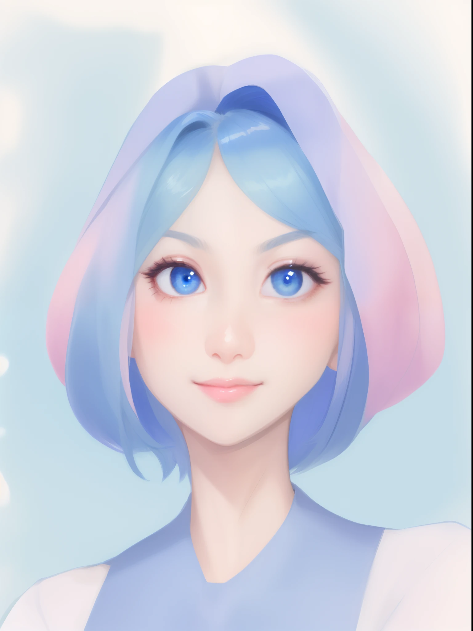 a drawing of the face of a woman with a short hair, short blue hair, blue eyes,looking at the viewer,cute smile, pink cheeks, anime face, character headshot portrait, character - portrait, face anime portrait, character design portrait, simple concept art portrait of anime girl
