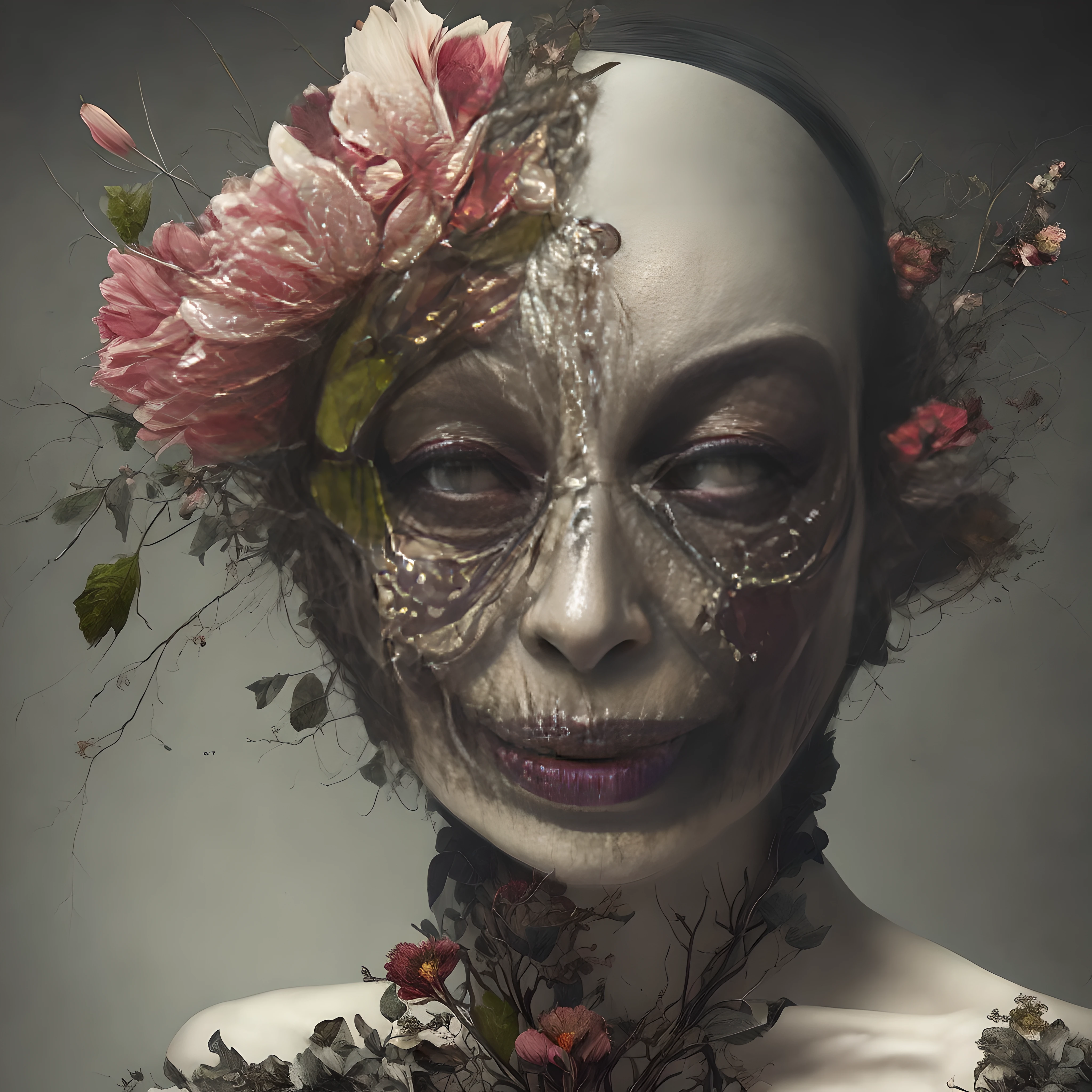 a close up of a person with a creepy face and a flower, macabre art, horror fantasy art, stefan gesell, fantasy horror art, detailed 4k horror artwork, dark fantasy horror art, horrific digital art, scary detailed art in color, horror macabre face, horror!! highly detailed, horror surreal art, hyper realism scary, elegant horror artwork