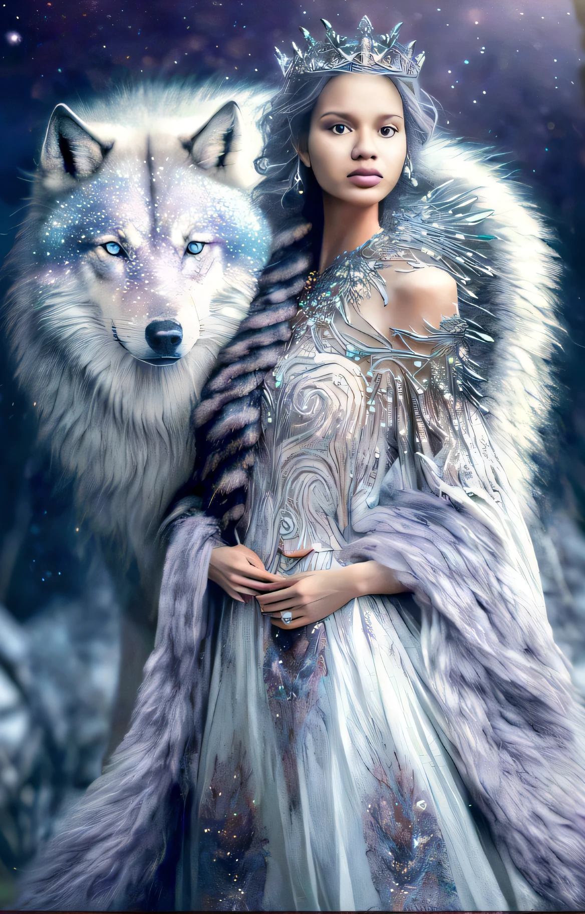 mulher arafed em um vestido branco e um lobo, deusa do inverno, Rainha do Inverno, Bruxa Frost Antiga Bonita, Rainha do gelo e da tempestade, female anthropomorphic wolf, retrato do lobo da fantasia, bela arte de fantasia, arte de fantasia muito bonita, usando armaduras de pele intrincadas, lobo branco, linda arte digital linda, Directed by: Nene Thomas, bela arte digital