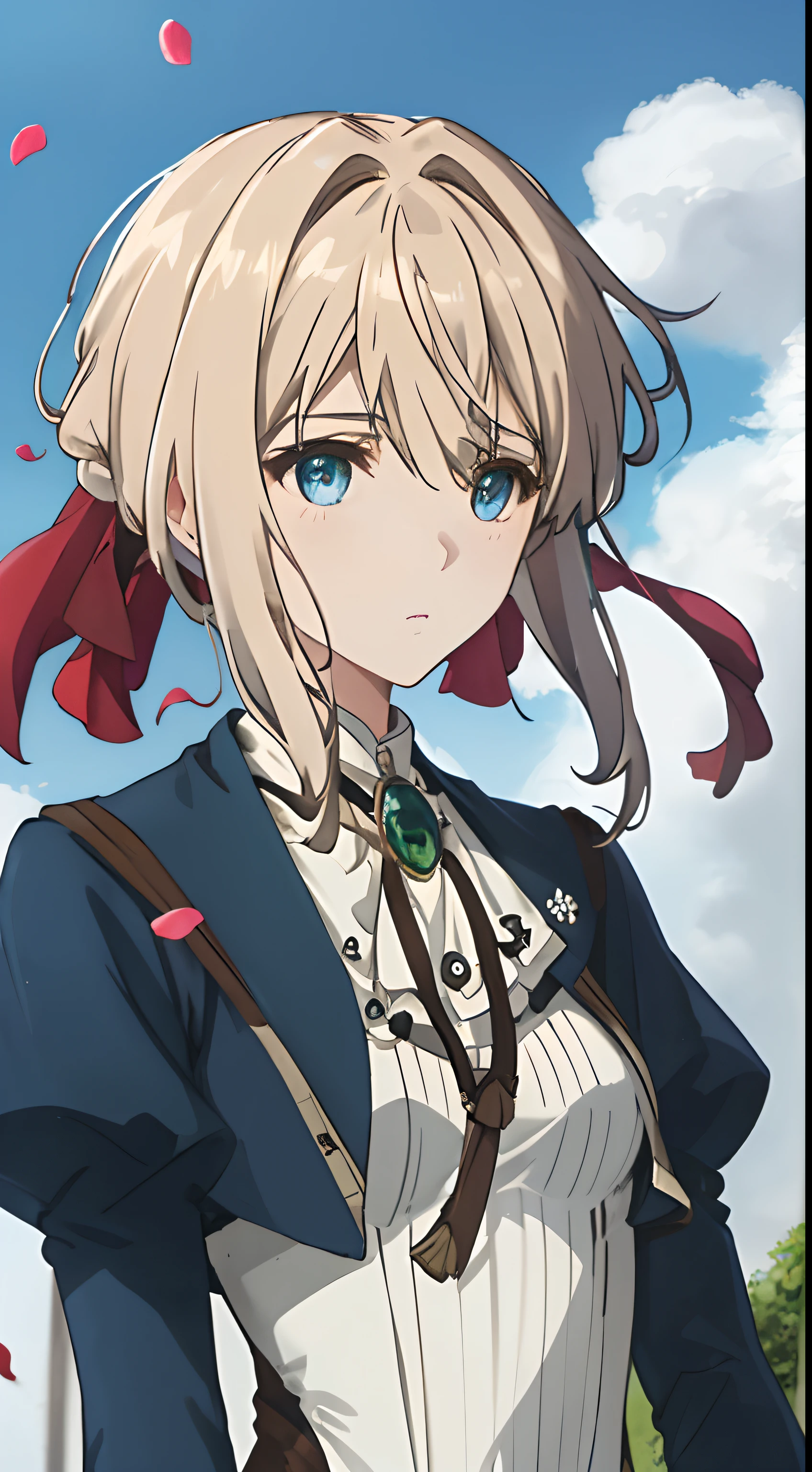 ((masterpiece)), ((best quality)), (ultra-detailed), ((extremely detailed)), 4K, (8K), best quality, (beautiful), focus on the face0, a cute girl, 1girl, solo, ((beautiful eyes))0, (Dynamic Angle: 1.3), Wind, Movie Highlight, Tyndall Effect, 1 Girl, Upper Body, Arms Up, Look at the Audience, Extreme Close Up, violet_evergarden, Solo, Jewelry, Expressionless, Brooch, blonde_hair, ( Vevry Long Hair: 1.2), messy_hair, Floating hairlong_sleeves, Ribbon, blue_eyes, Jacket, Dress, Gemstone, hair_ ribbon, sky, depth_of_field, flower fields, fluttering petals